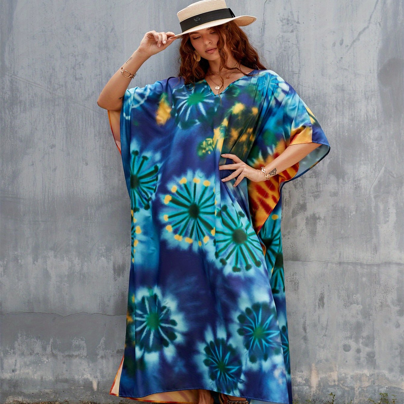 Women's Kaftan Dress Bohemian Printed Four Side Stretch V Neck Beach Cover Up Bat Sleeve Kaftan Robe Casual Home Holiday Plus Size Swimwear Cover Up Ethnic Dresses
