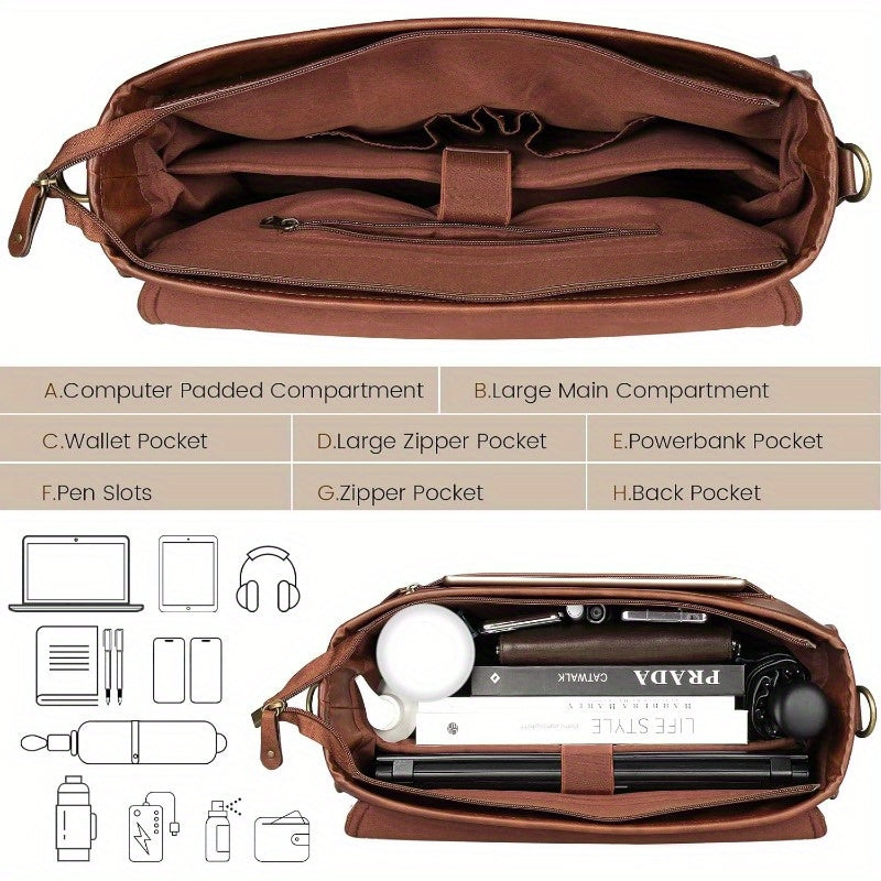 Men's 17 Inch High Quality Leather Laptop Messenger Bag - Retro Vintage Style with Multiple Compartments, Adjustable Shoulder Strap & Metal Hardware, Durable Satchel for Office