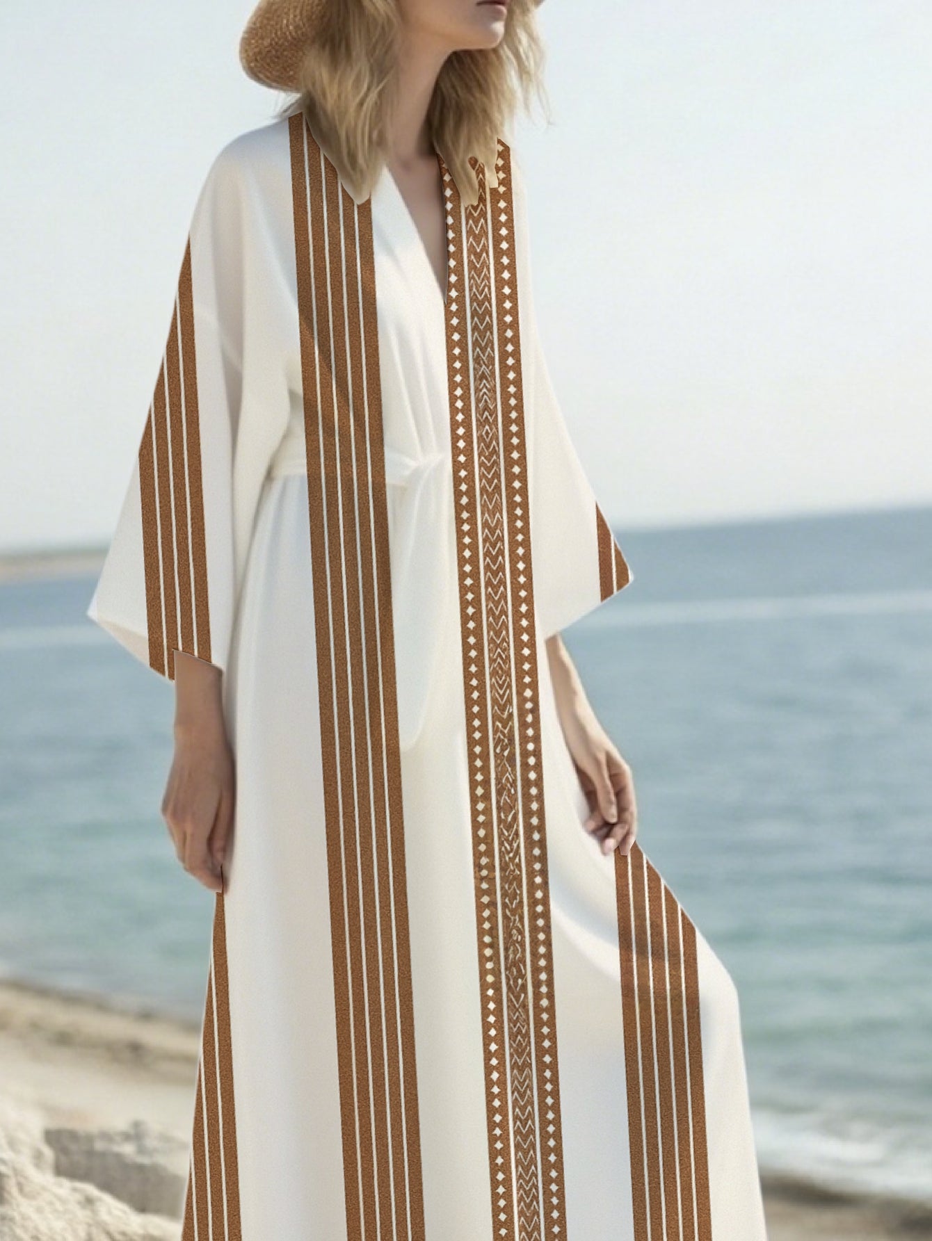 Women's Japanese Kimono Abaya - Long Open Front Cardigan with Belt, Lightweight Maxi Beach Cover-Up, Boho Chic Lounge & Casual Outfit in White & Brown, All-Season Elegant Kimono for Women