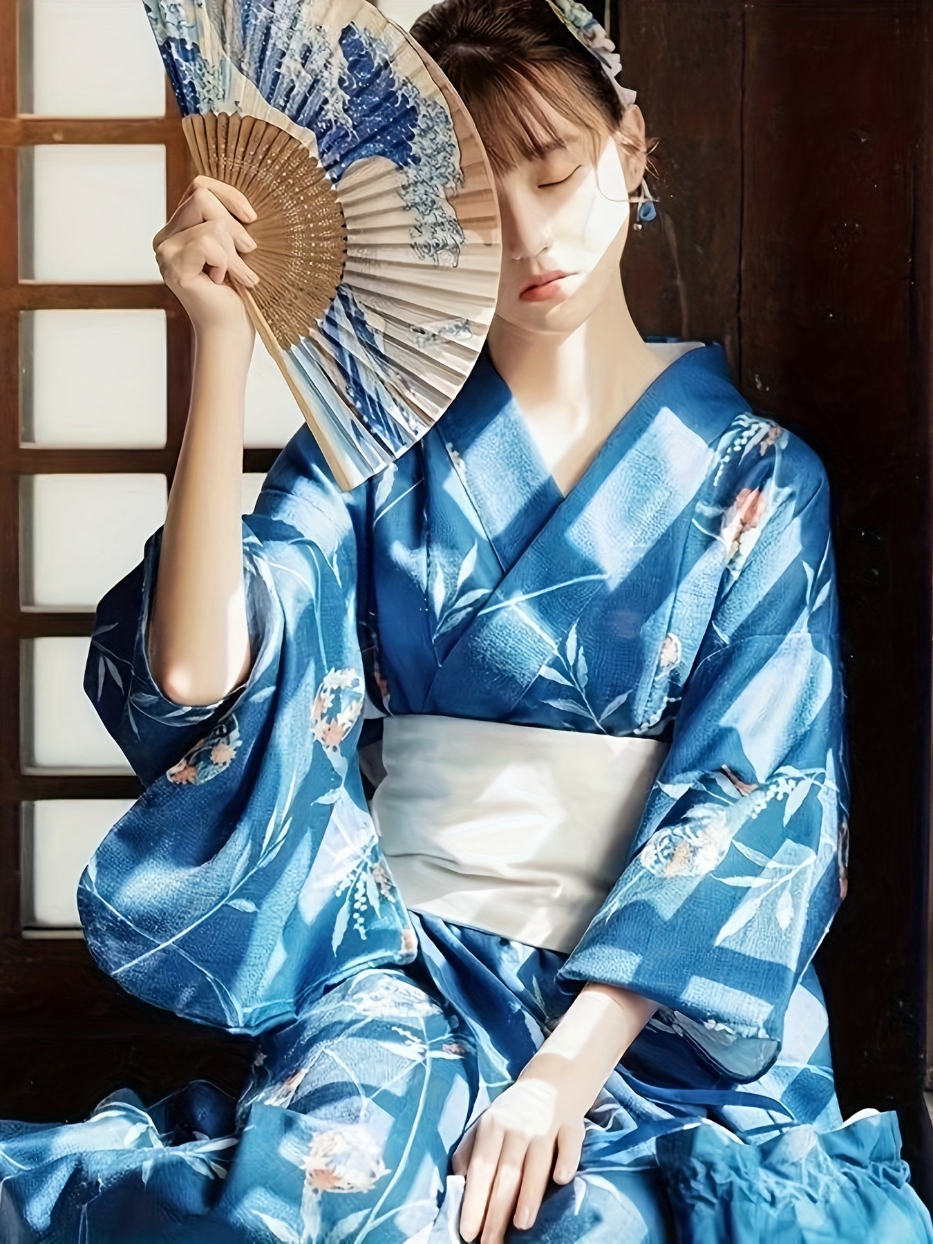 6pcs Traditional Japanese Kimono Abaya Set for Women - Polyester Floral Pattern, Woven Kimono & Obi with Matching Accessories - Umbrella, Hair Flower, Bow