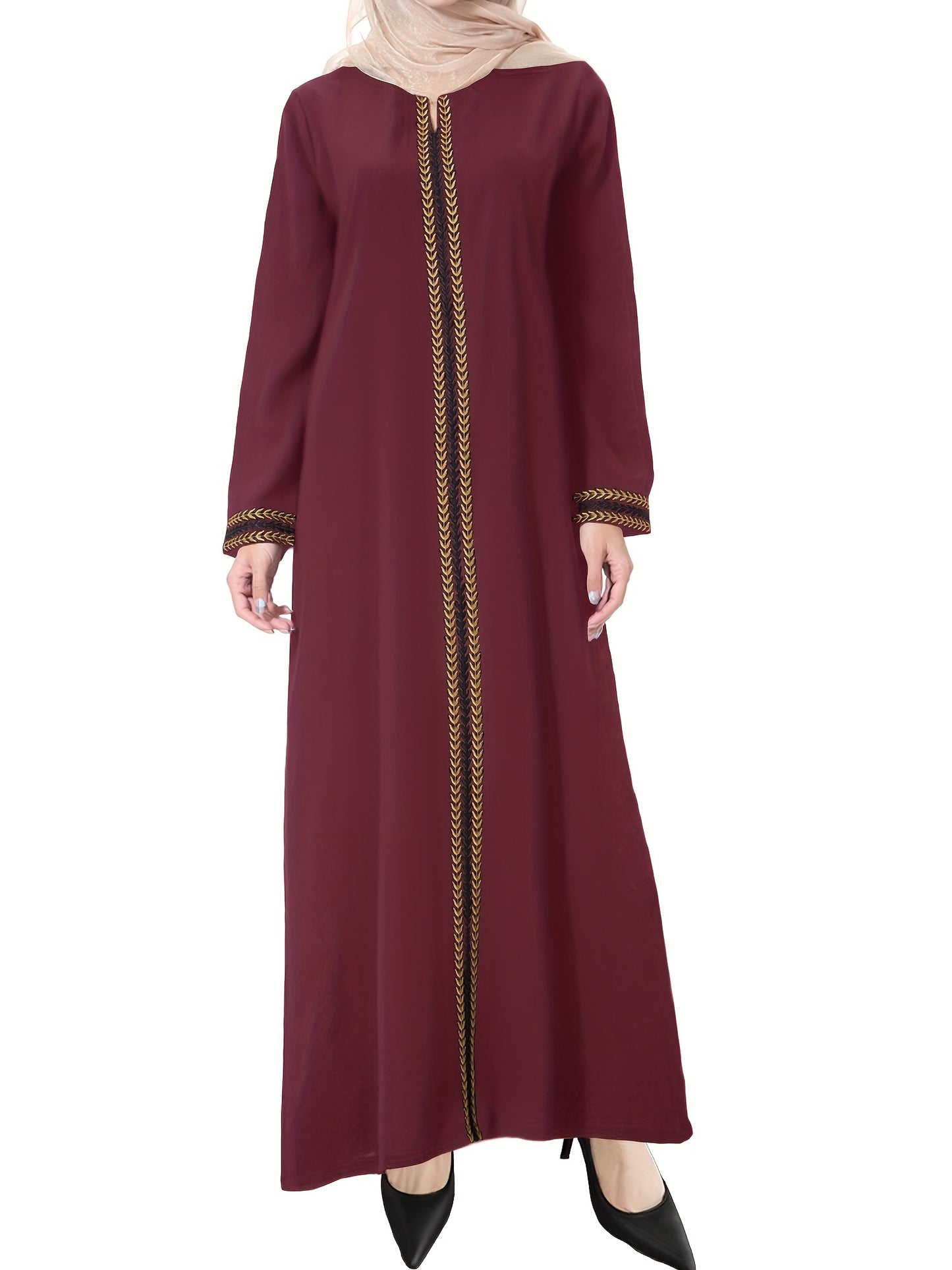 Navy Blue Muslim Kaftan Dress | Elegant Jibab Abaya, Golden Embroidery, Sleeve, Loose Fit, Maxi Length, Hijab-Friendly Design, All-Season Wear