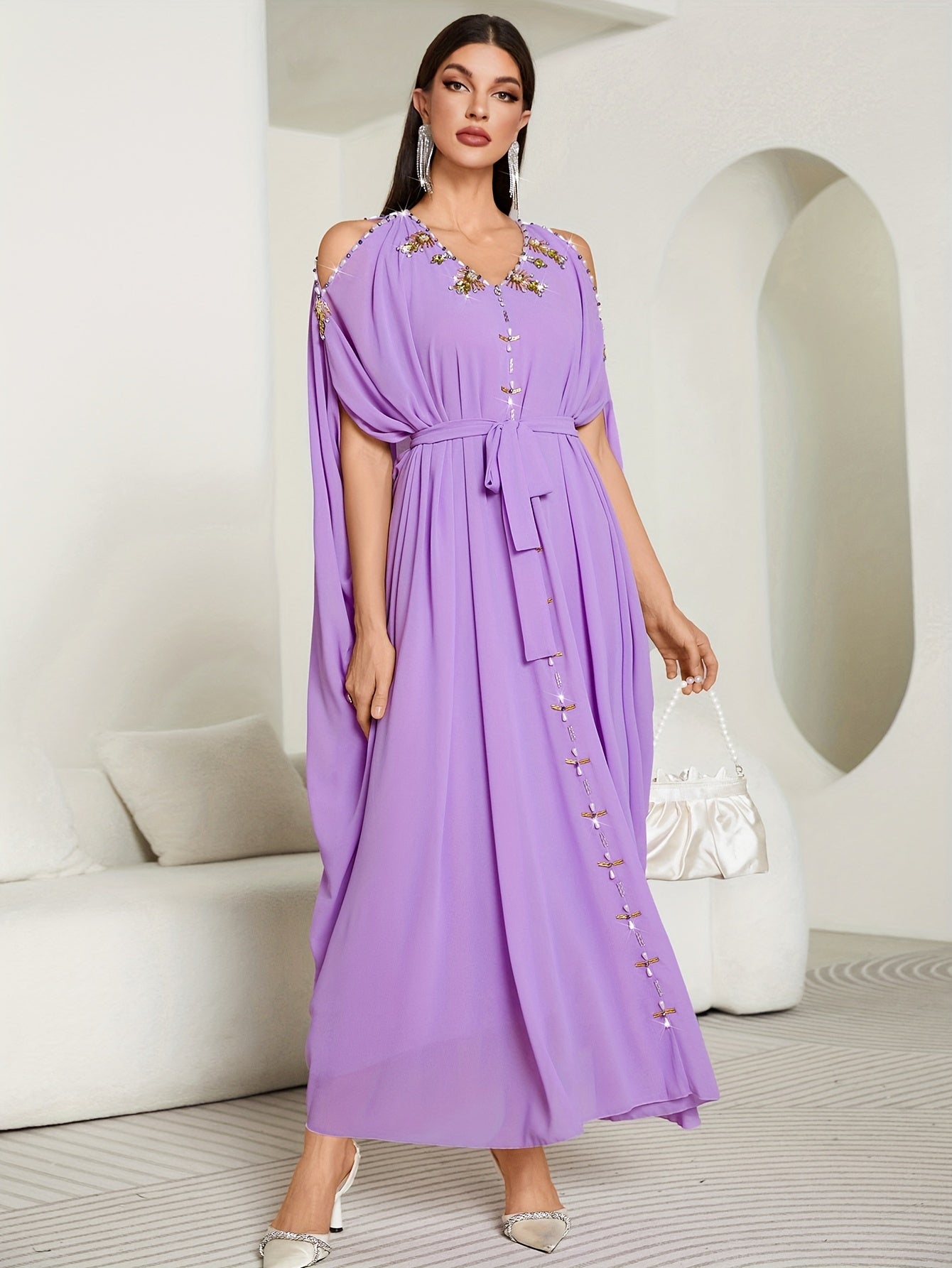 1pc Elegant Off-Shoulder Maxi Modern Abaya with Handcrafted Pearl Embellishments, Solid Color Polyester, All-Season Woven Gown with Large Flounce Sleeves