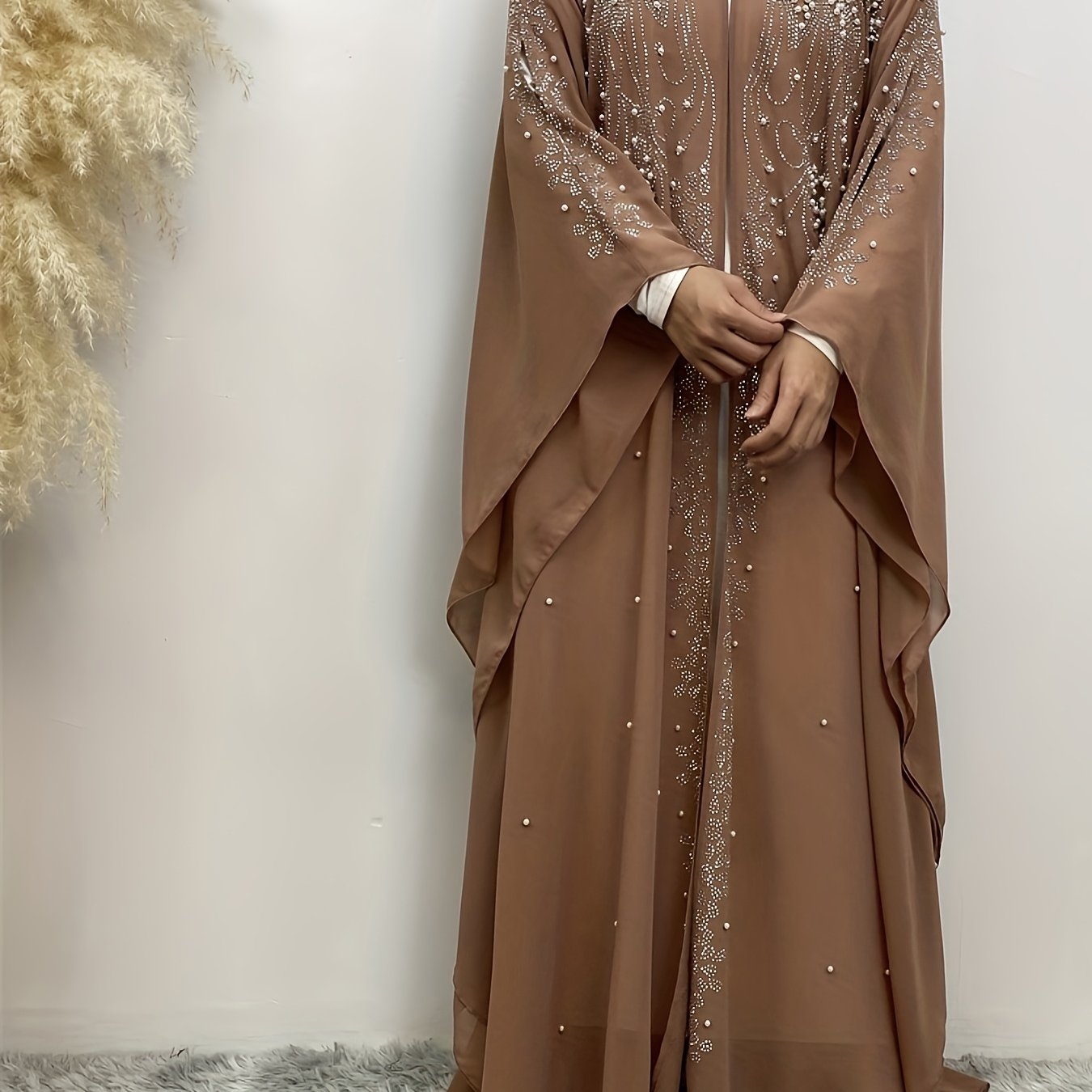 Luxury Chiffon Rhinestone-Embellished Hooded Muslim Kimono Abaya with Batwing Sleeves - Long Formal Party Gown, Machine Washable Elegant Modest Evening Dress for Spring/Summer