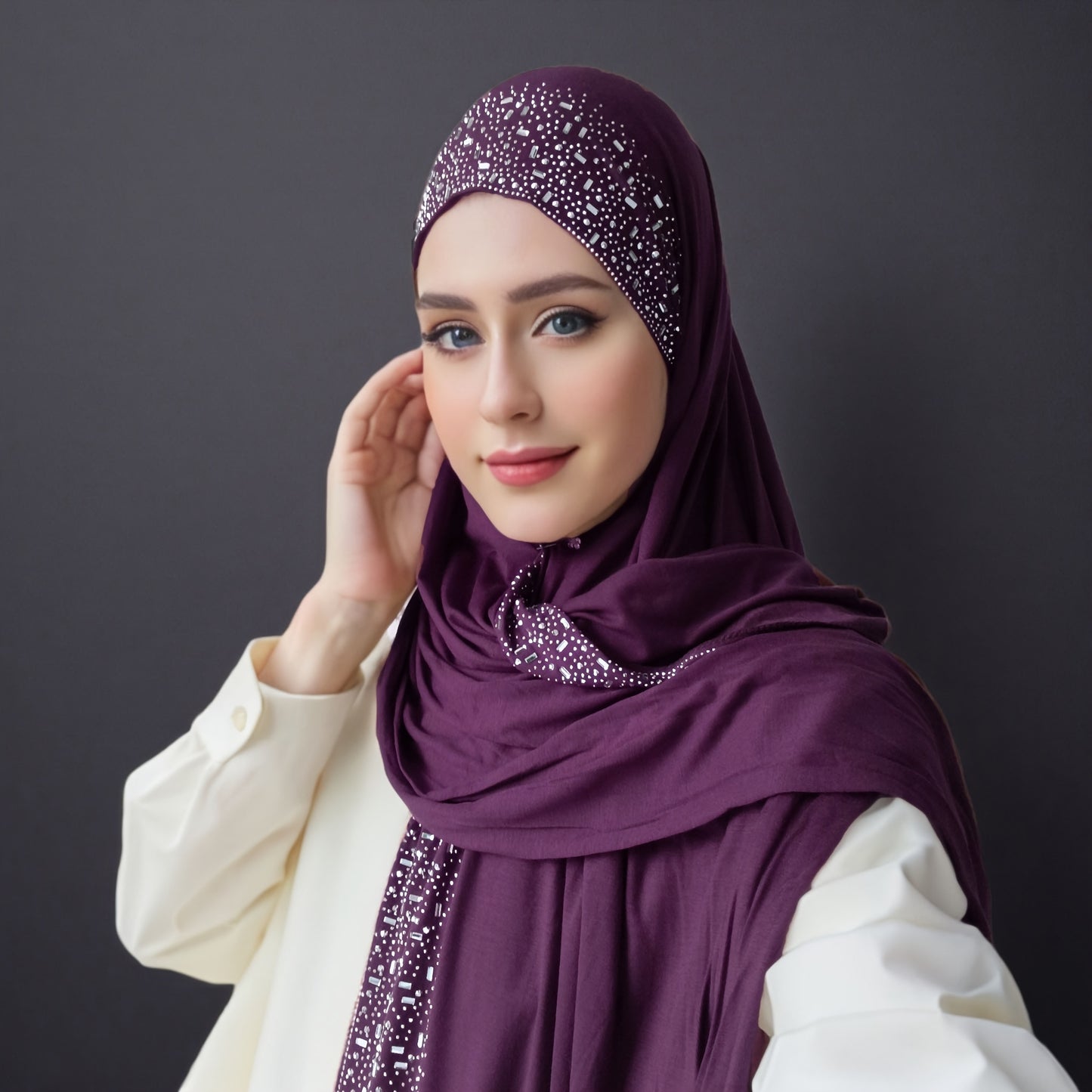 Elegant Black Stretch Bamboo Jersey Hijab Scarf Shawl for Women | Elastic Soft Large Headscarf with Sparkling Rhinestone Trim, Hand Washable Muslim Woven Head Cover & Hair Accessory, Modest Fashion