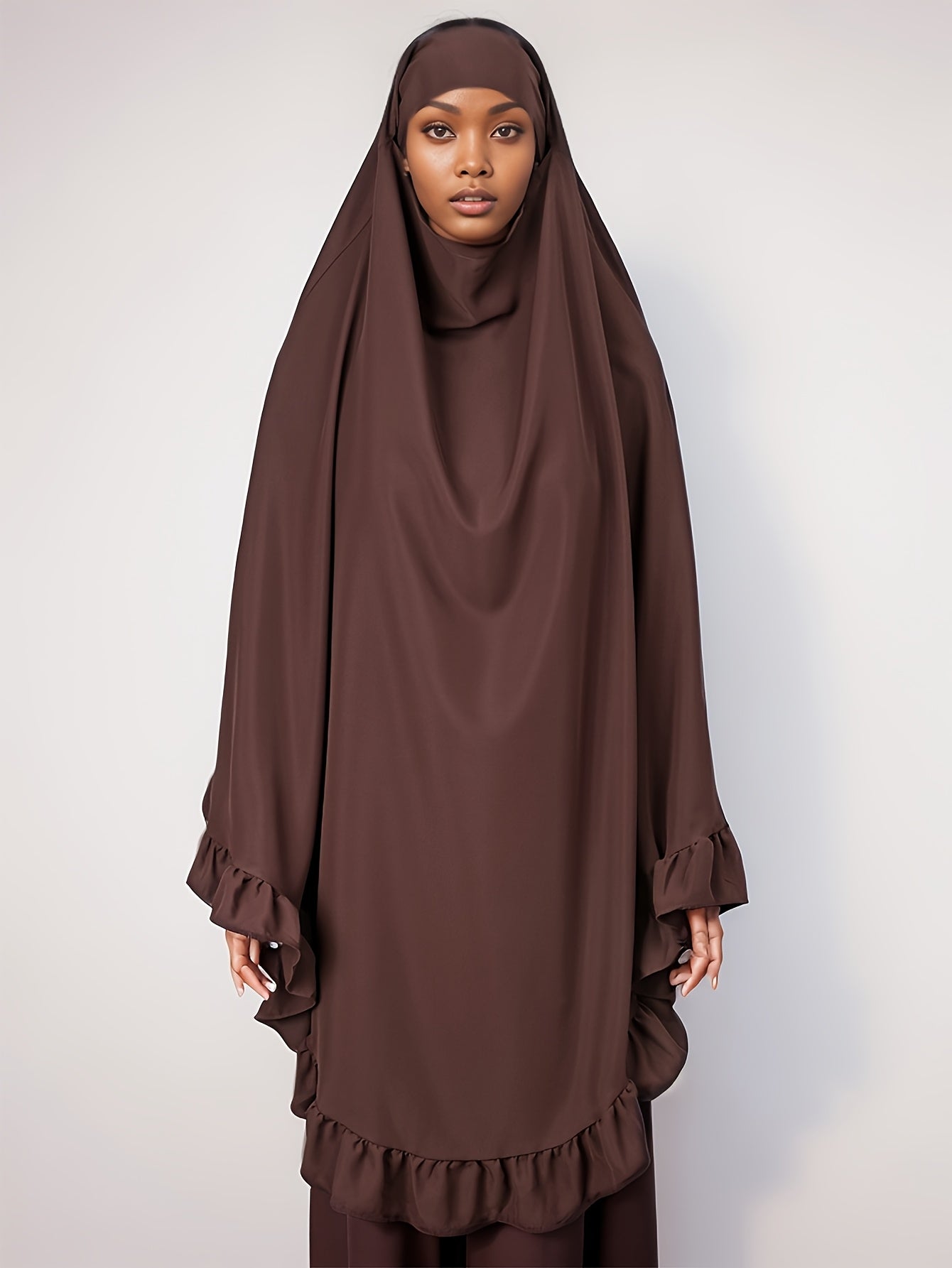 1pc Muslim Prayer Khimar Abaya Burqa - Arabian Style Modest Covering with Ruffled Hem & Wooden Edge, Machine Washable All-Season Solid Color Brown Hijab Scarf, Prayer Shawl for Women