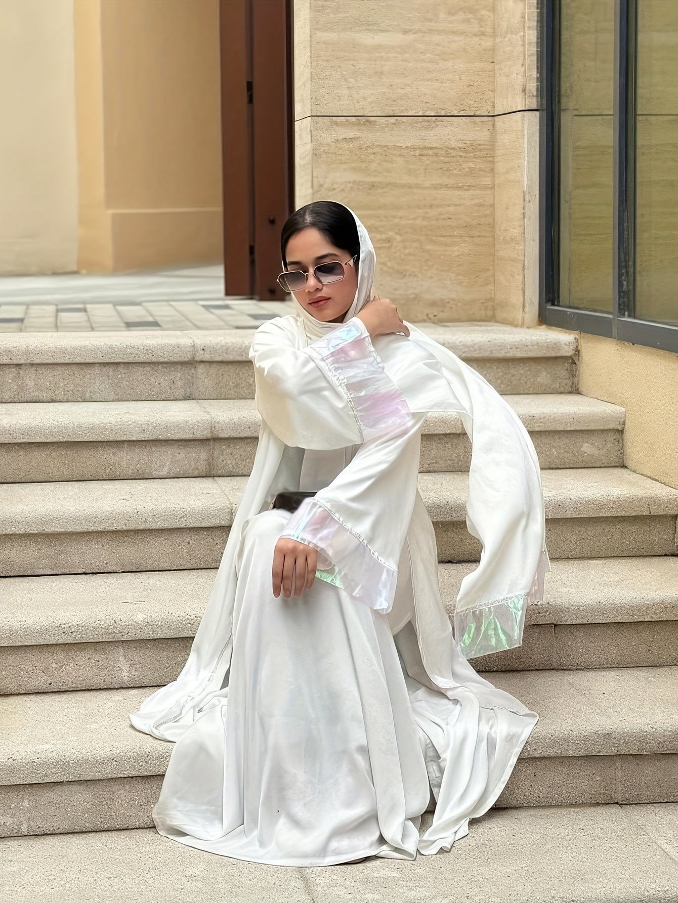 2pcs Set, Dubai Fashion Rhinestone Embellished Muslim Emirati Abaya/Jilbab with Long Sleeve Round Neck Dress and Headscarf, 100% Polyester, Solid Color, All-Season, Long Length, No Belt