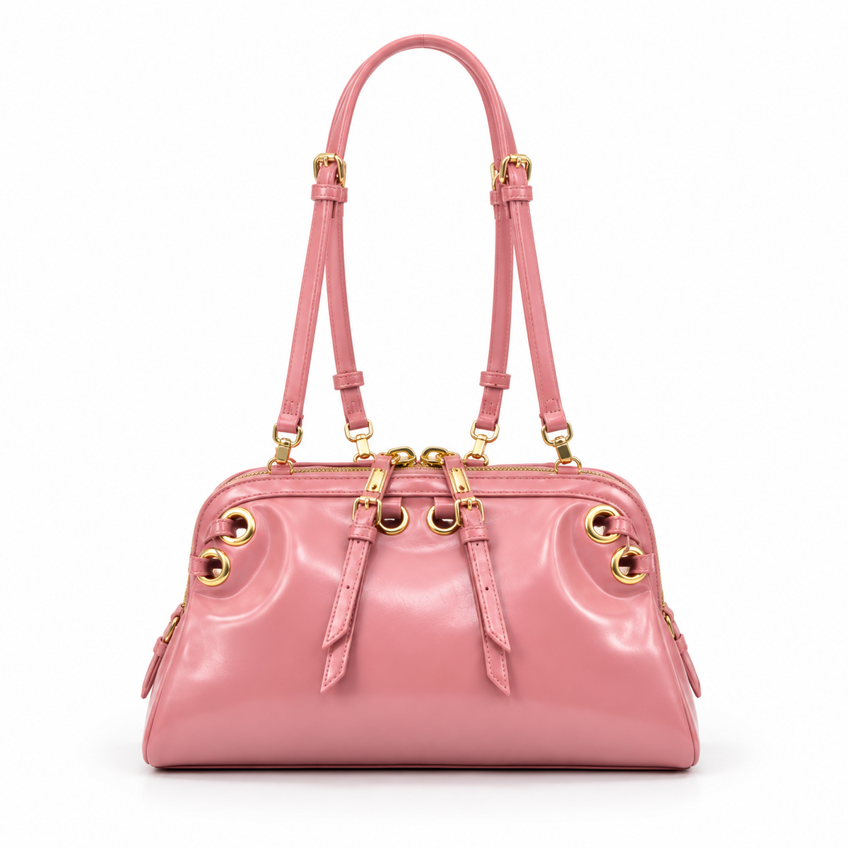 Glossy Pink Gold Accent Shoulder Handbag