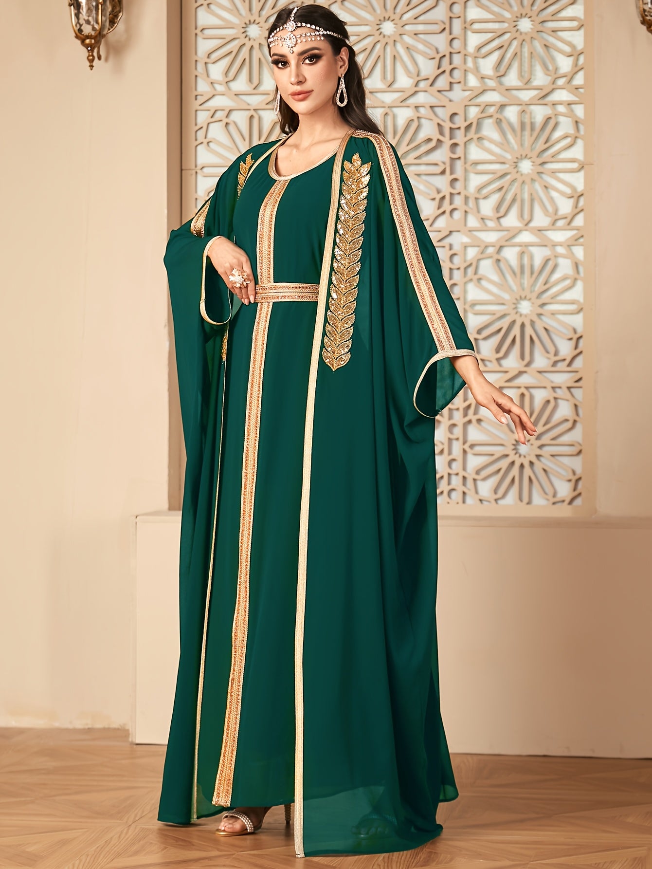 Middle East New Arrival Vest Abaya Dress + Open Cardigan Sequin Paneled Webbing Batwing Sleeve Long Robe Two-Piece Dress Set