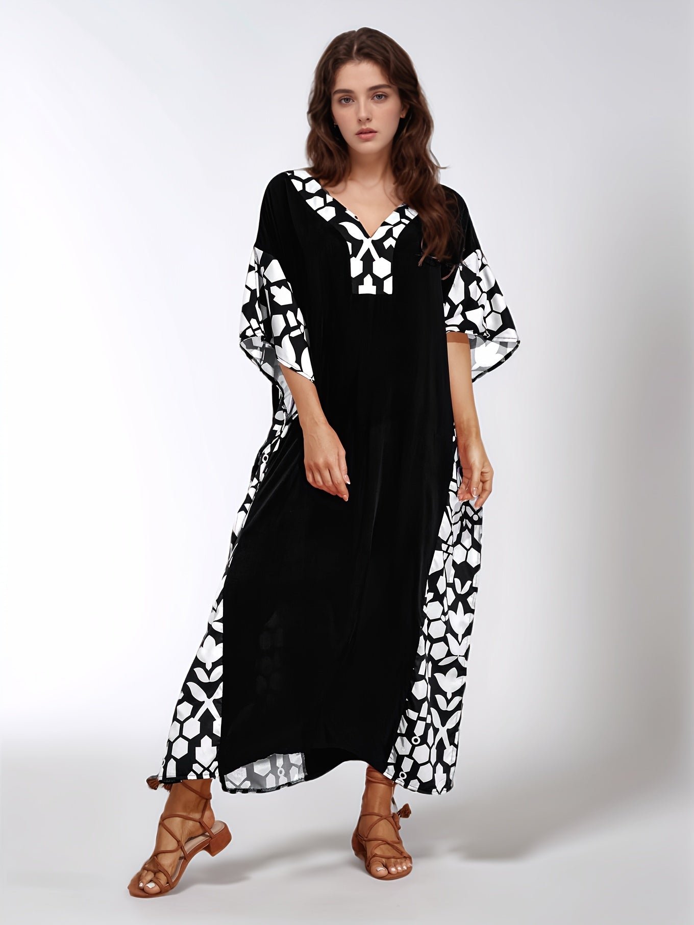 Large Size Long Black Elegant Kaftan Dress with Patchwork Print Loose Beach Bikini Cover, Side Slit Short Sleeved Middle Eastern Long-distance Holiday Style Dress