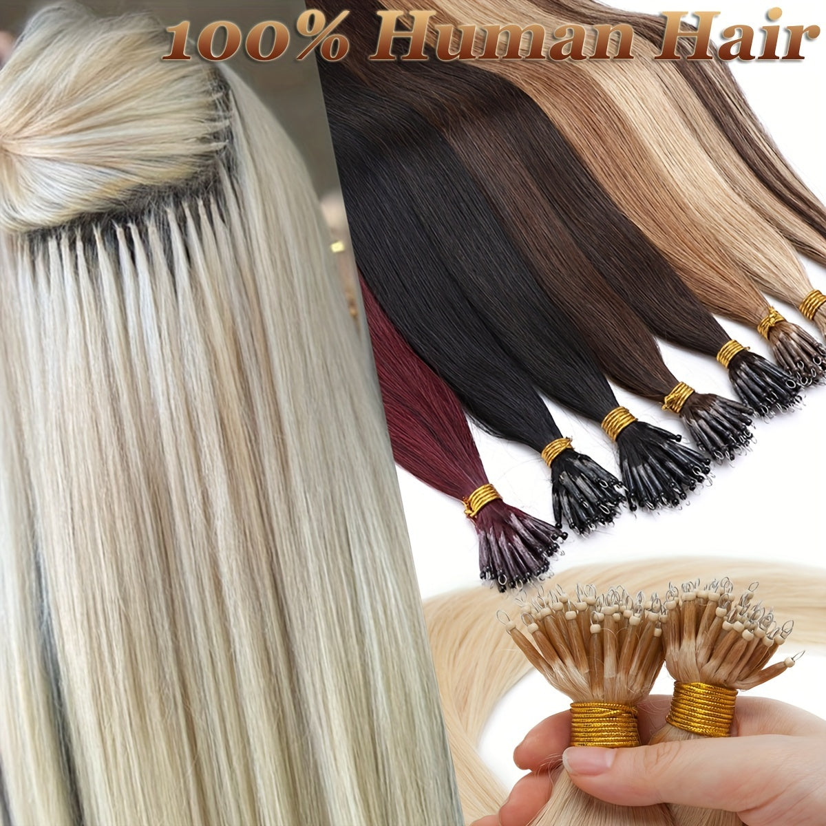 100% Human Hair Extensions - 50 Strands Nano Rings, Thick, Smooth, Remy Hair