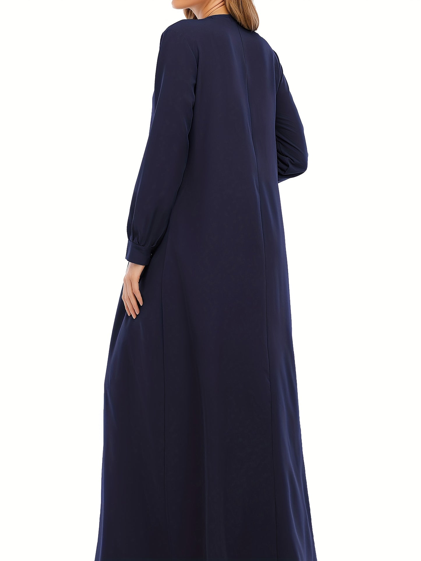 Ramadan Crew Neck Long Sleeve Modest Arabic Abaya, Solid Color Zipper Maxi Length Dress, Women's Clothing