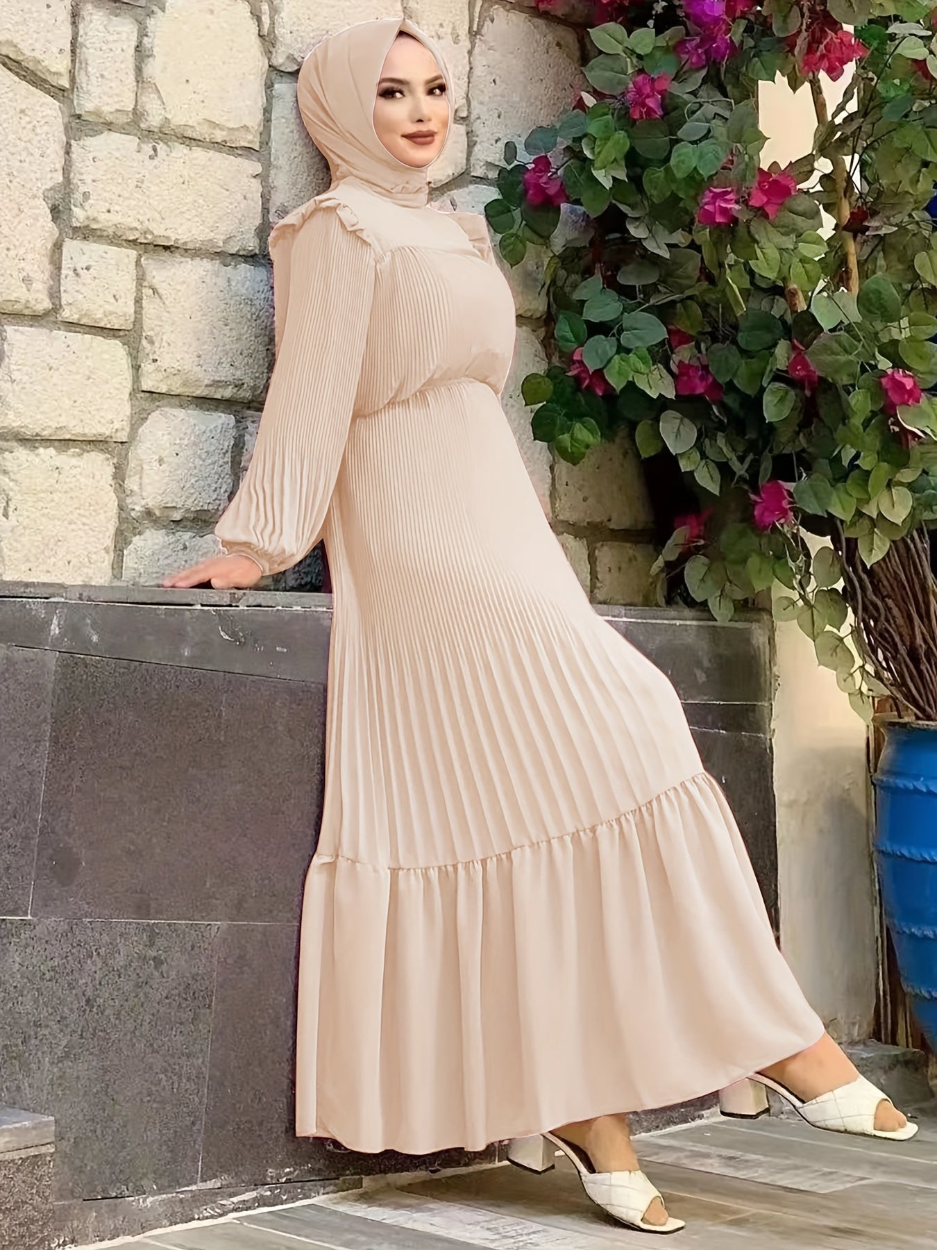 Women's Middle Eastern Muslim Baju Abaya Dress - Solid Color Pleated Long Sleeve with Belted Waist, Lightweight Breathable Fabric, Machine Washable Traditional Modest Dress