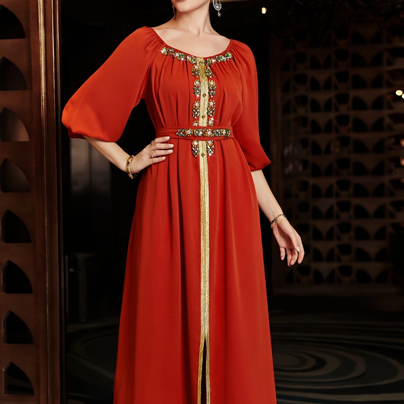 High-End Hand-Sewn Orange-Red Emirati Abaya with Diamond Design for Middle Eastern Gatherings And Festive Occasions.