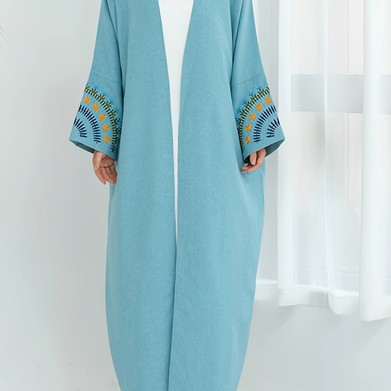 Elegant Beige Kimono Abaya - Open Front Linen-Look Polyester Dress for Women, Long Sleeve with Contrast Trim, All-Season Islamic Wear (Sizes S to XXL), Modest Clothing