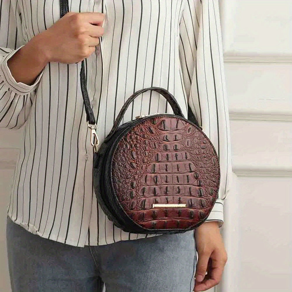 Collection Ynnari Women’s Red Crocodile-Embossed Round Crossbody Handbag with Golden-Tone Hardware, Genuine Leather | Stylish Crossbody