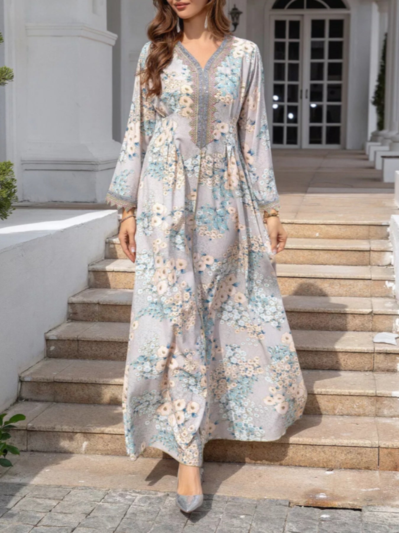 Women'S Light Blue Floral Print Abaya Baju Dress - Long Sleeve V-Neck, Asymmetrical Hem, Flowy Beach Cover-Up with Pockets, Casual & Modest Style for Casual Attire, Beach Dress