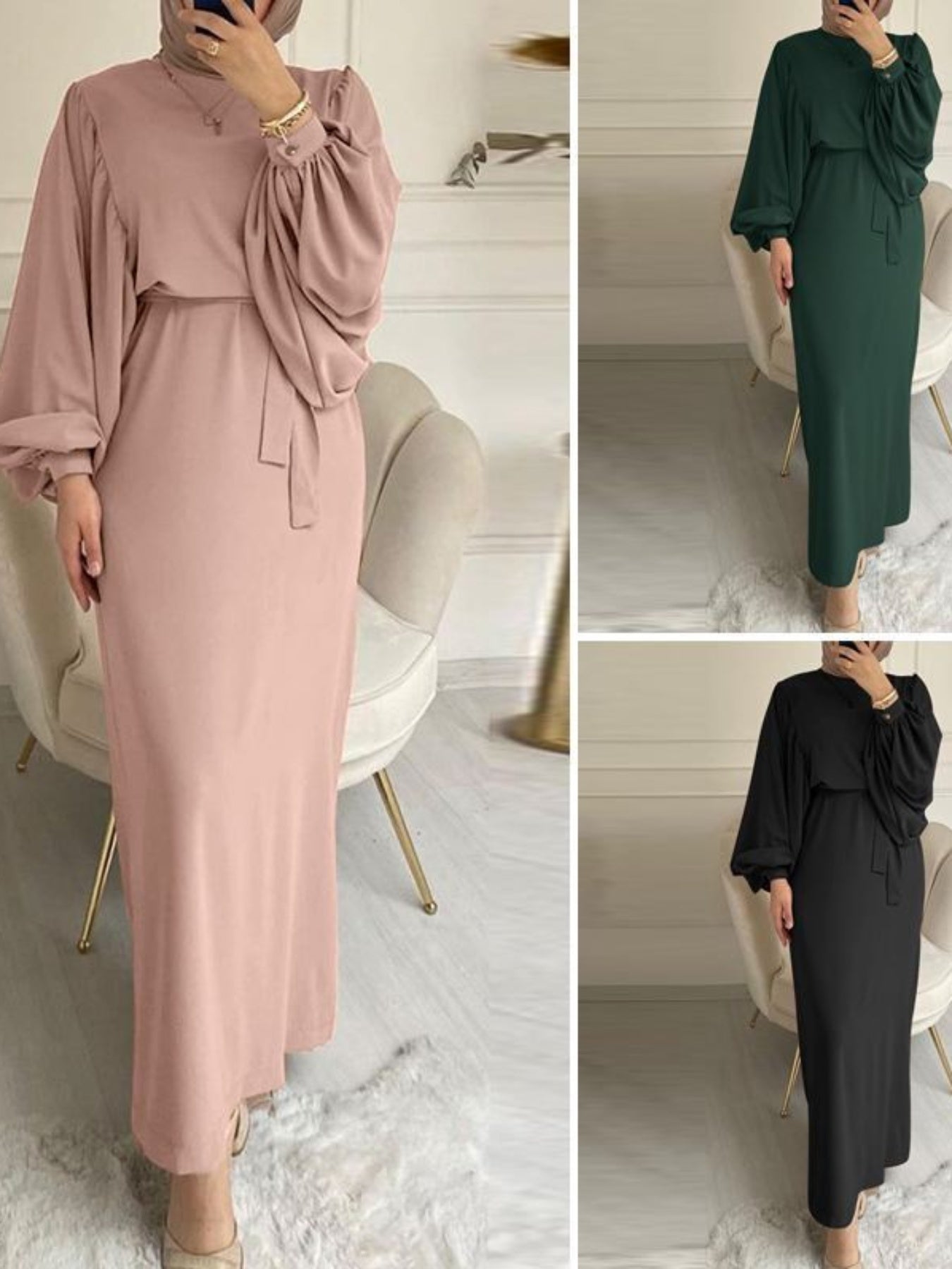Women's Solid Color Arabic Abaya Dress with Belt - Modern Arabic Style Long Dress, Round Neck Lantern Sleeves, Adjustable Waist Tie, All-Season Casual & Vacation Dress for Women