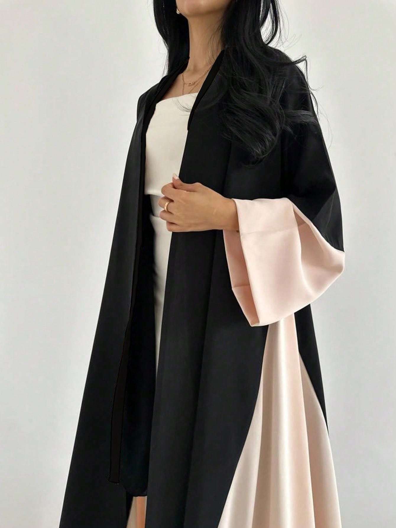 Women's Elegant Black & Beige/ Pink Two-Tone Abaya Burqa - Loose Fit Long Sleeve Maxi Dress, Non-Stretchy Islamic Gown for Everyday & Special Occasions, All-Season Muslim Formal Attire