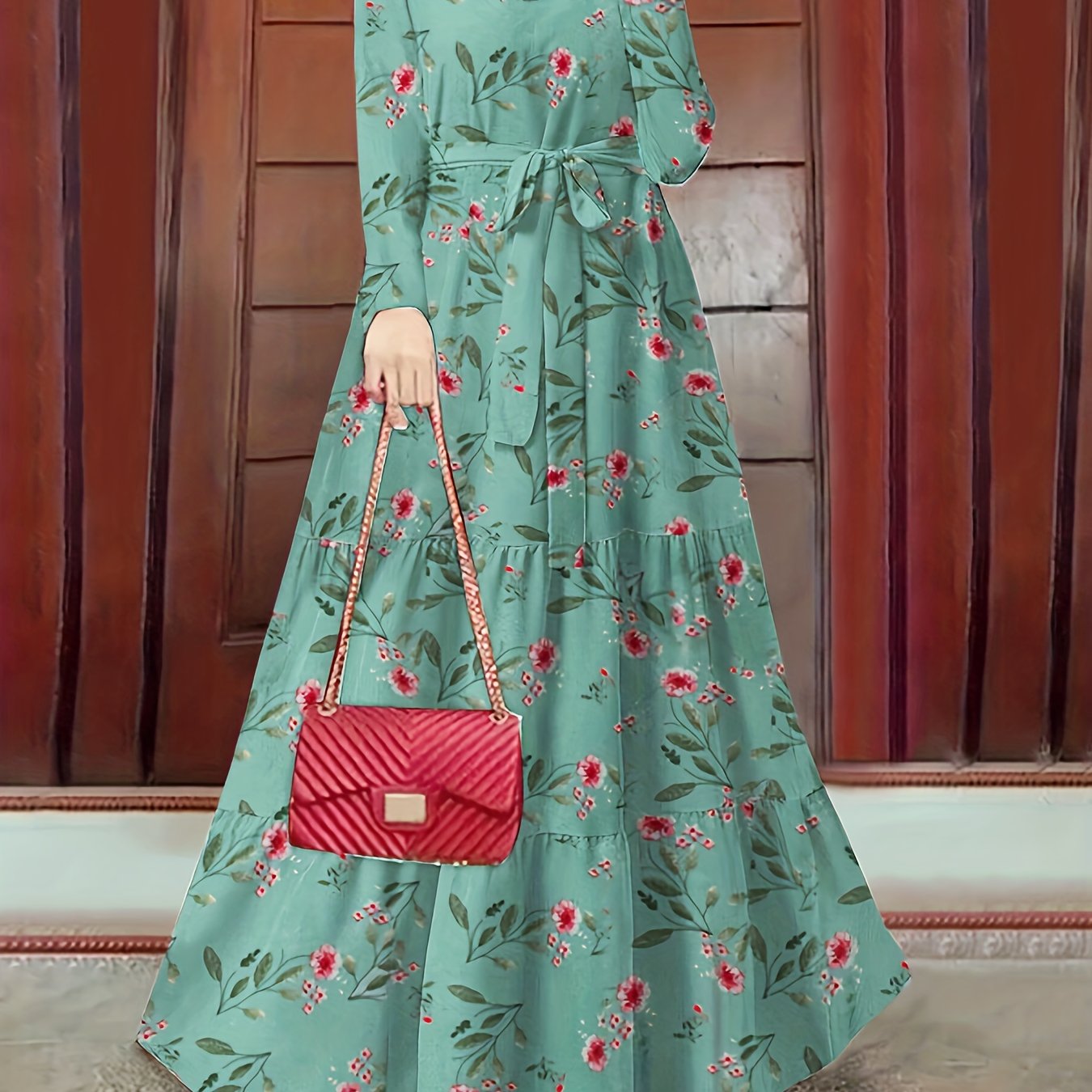 New Women's Elegant Middle Eastern Kaftan Abaya - Black Floral Print with Red Flowers, Long Sleeve Lace-Up Modest Dress, Machine Washable for Spring Summer Fall, Abaya Dress Fancy