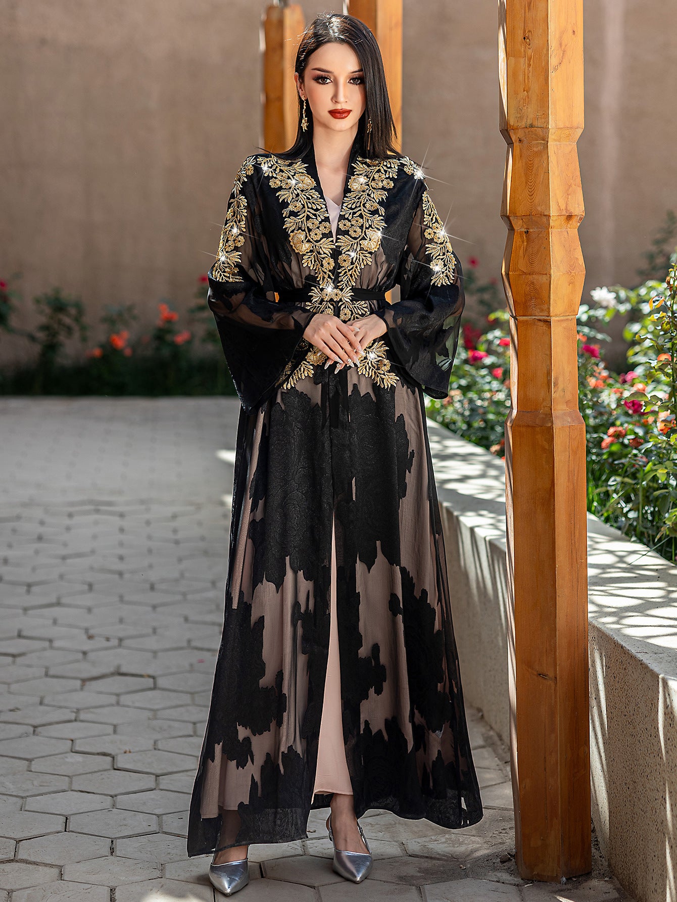 Two-Piece Black and Golden Embroidered Abaya with Belt - Elegant Long Sleeve, Flowing Ethnic Style, Non-Stretch Fabric, Perfect for Spring/Summer, Cultural Attire|Elegant Abaya|Satin Finish