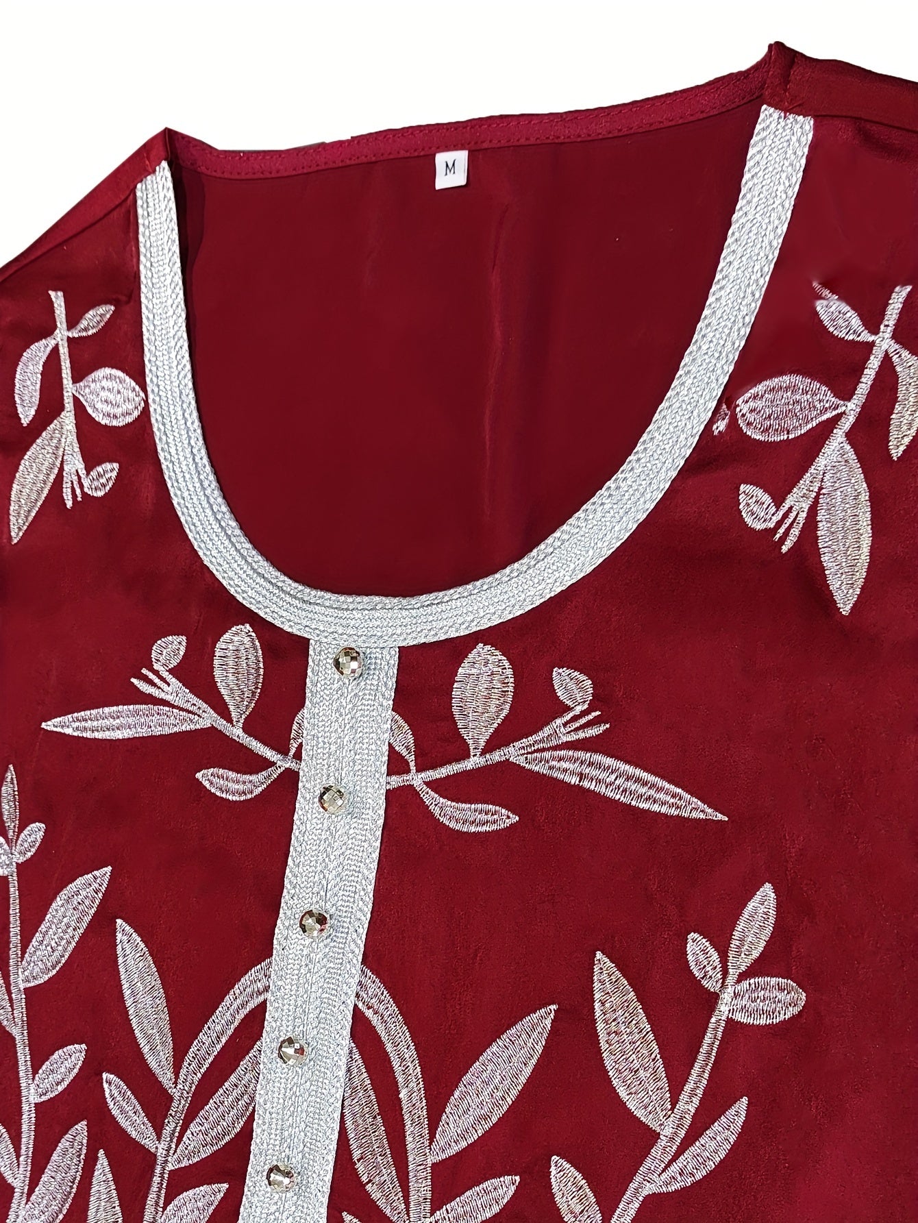 Middle Eastern-Inspired Embroidered Burgundy A-Line Kaftan Abaya with Ultra-Long Sleeves, Cinched Waist & Exaggerated Hem - Machine Washable Formal & Casual Elegance, Special Occasion