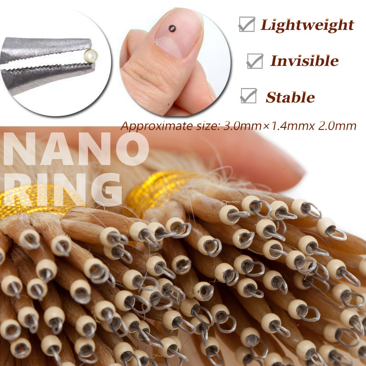 100% Human Hair Extensions - 50 Strands Nano Rings, Thick, Smooth, Remy Hair