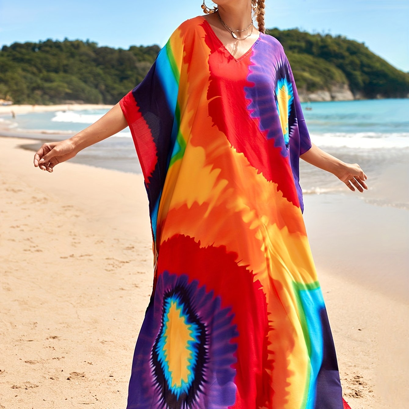 Women's Boho Maxi Kaftan Dress, V-Neck Long Dress Swimsuit Cover-Up, Casual Plus-Size Beachwear For Summer Vacation