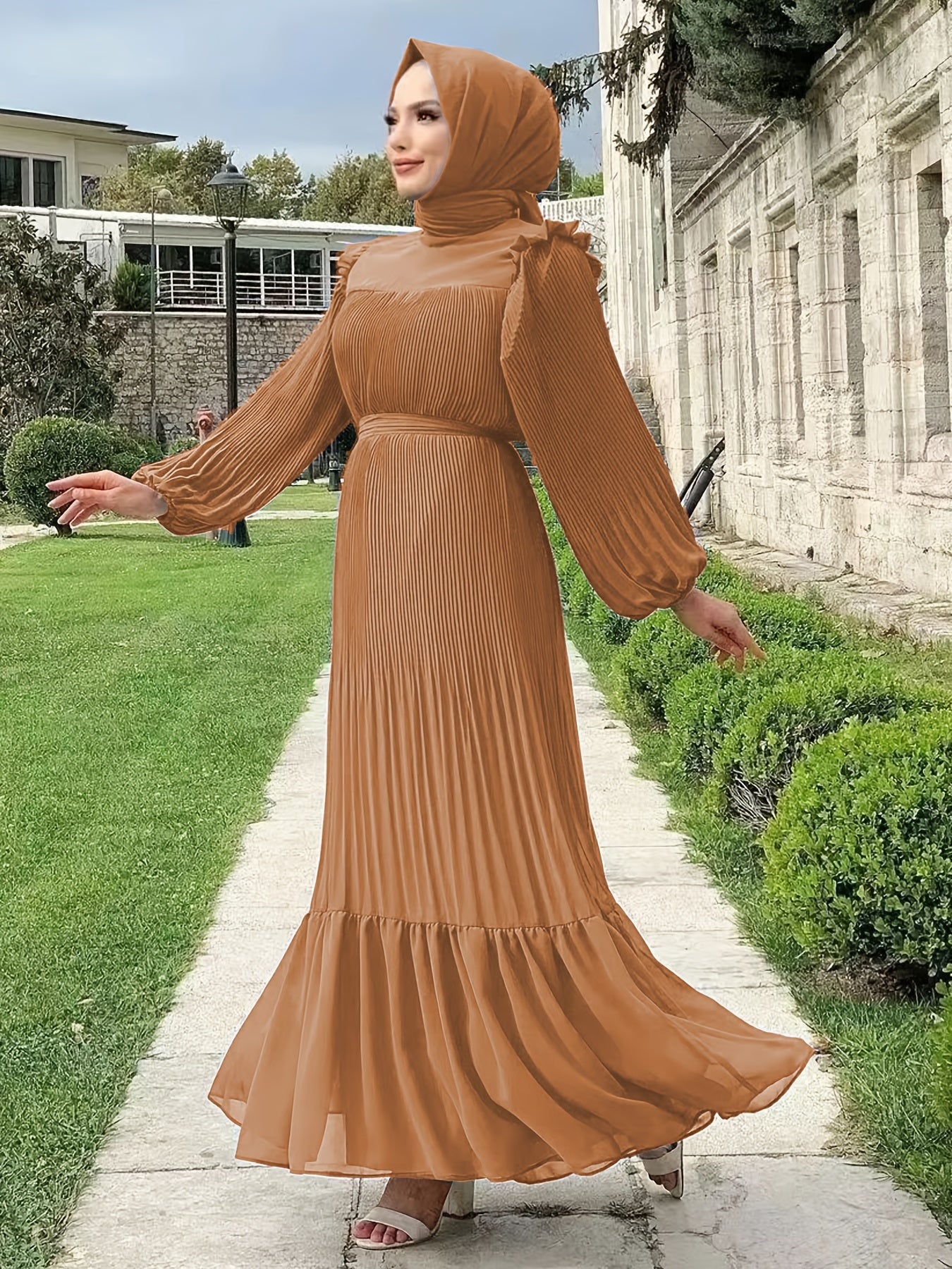 Women's Middle Eastern Muslim Baju Abaya Dress - Modest Long Sleeve Ruffled Hem Solid Color Traditional Dress with Belt, Machine Washable All-Season Casual Wear, Modest Apparel | Soft Texture