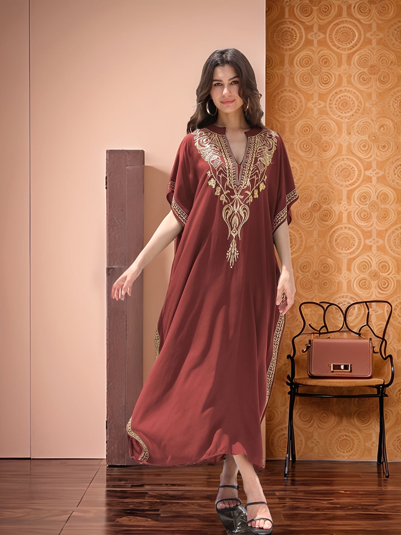 Elegant Gold Embroidered Resort Gown Kaftan Dress V-Neck Beach Blouse Kaftan