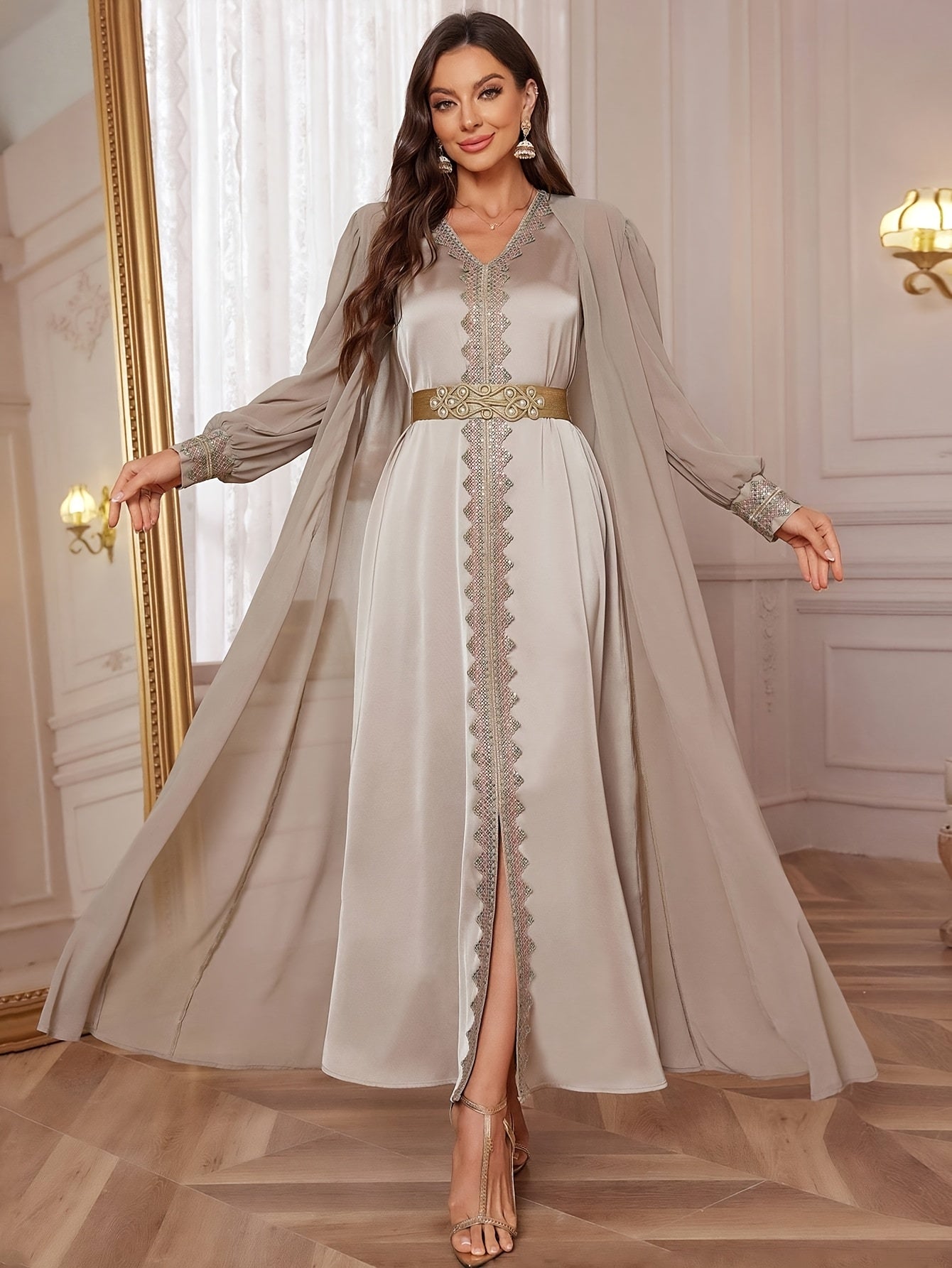 Women V-Neck Sleeveless Lace Elegant slit Abaya Dress with Detachable Belt And Arab Style Outer Long Sleeve Two-Piece Set