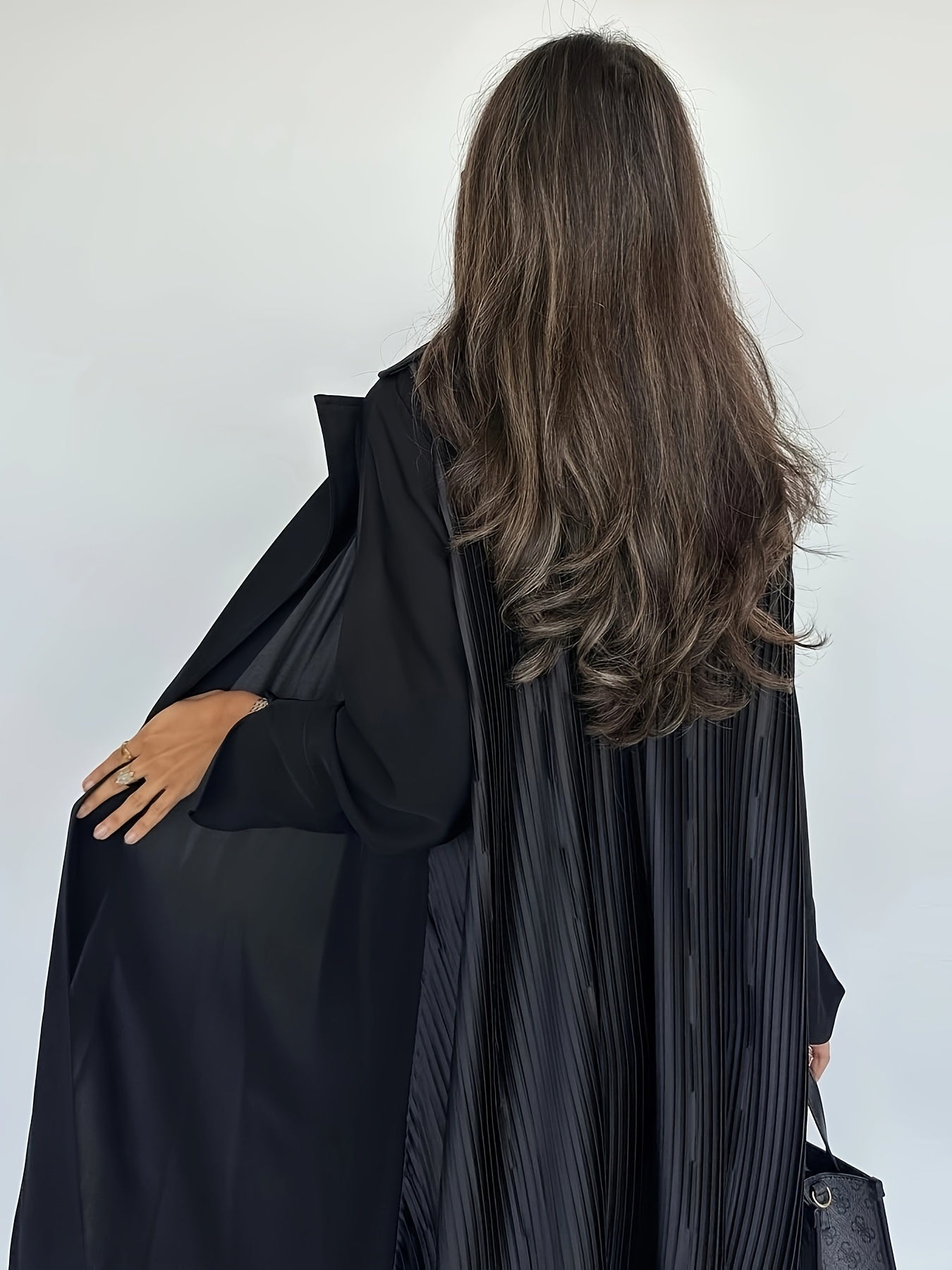 Elegant Black Arabian Fashion Emirati Abaya with Ruffle Detail - V-Neck, Long Sleeve, Floor-Length Kaftan for Women, Casual Style, All-Season Wear, Casual Wear Abaya | Vneck Abaya | Polyester Abaya