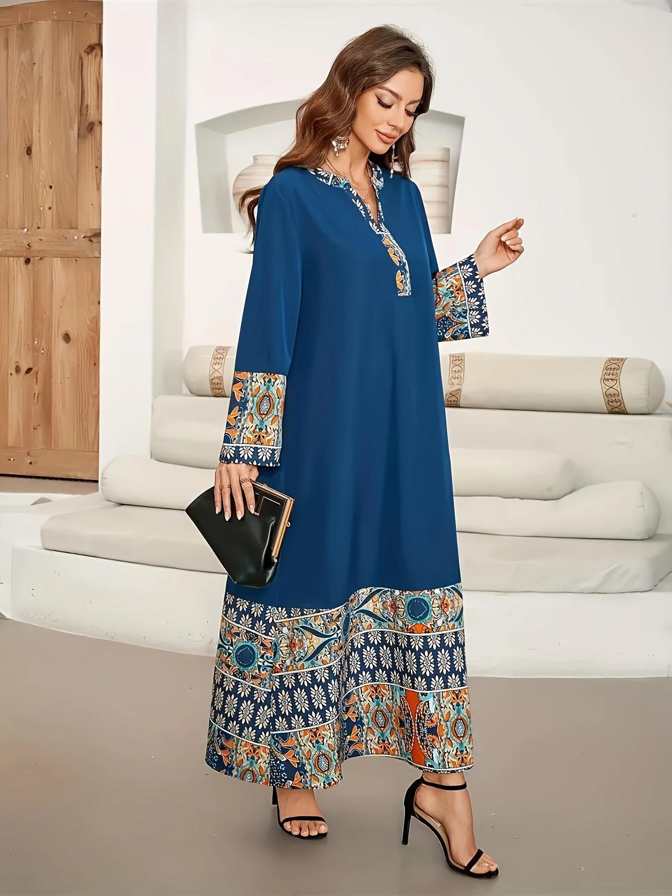 Elegant Muslim Kaftan Abaya Dress | Middle Eastern-Inspired Ethnic Floral Print with Blue/Orange/White/Black, Asymmetrical Hem & Lace Trim, X-Line Silhouette, Adjustable Waist Tie for Modest Women
