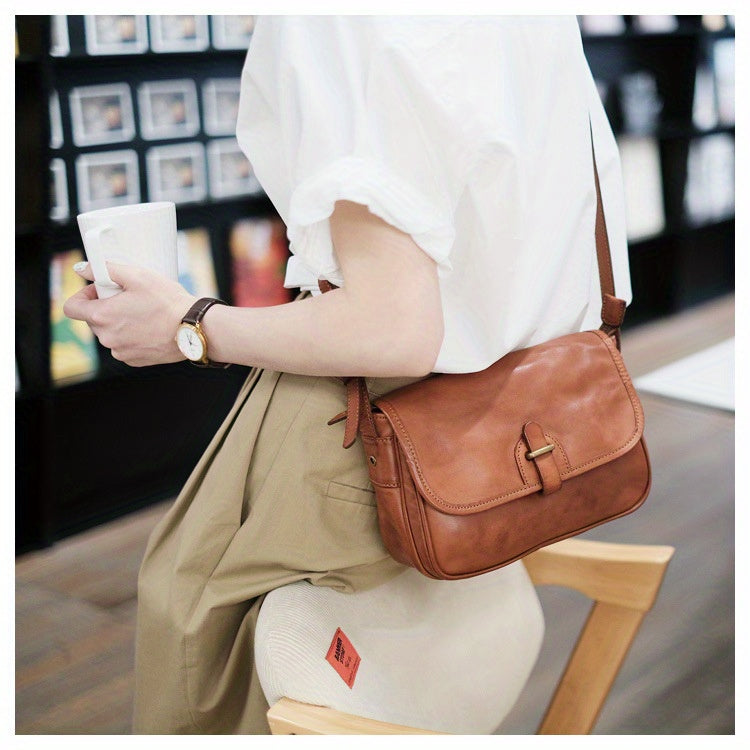 Japanese-Style Vintage Crossbody Shoulder Bag - Genuine Leather with Adjustable Strap & Golden-Tone Clasps, Zipper Closure, Polyester Lining