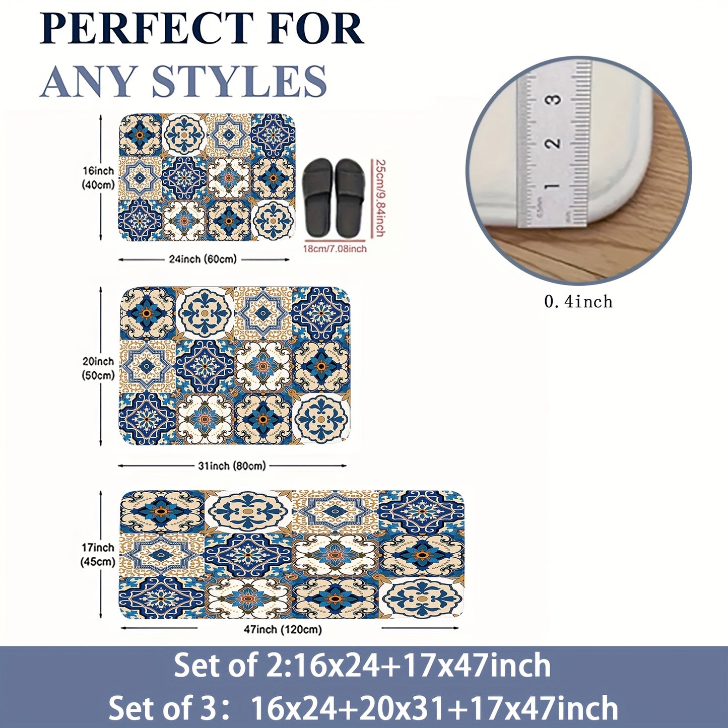 Sponge Thickness 10mm Density 18D Square Meter Weight 500g Set of 1/2/3 Kitchen Bathroom Rugs, Decorative Mats with Traditional Portuguese or Moorish