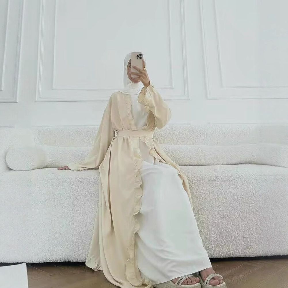 Women's Elegant Arabic Abaya Robe - Lightweight Breathable Loose Fit Long Sleeve Arabic Dress with Belt, Solid Color Machine Washable All-Season Casual & Formal Wear