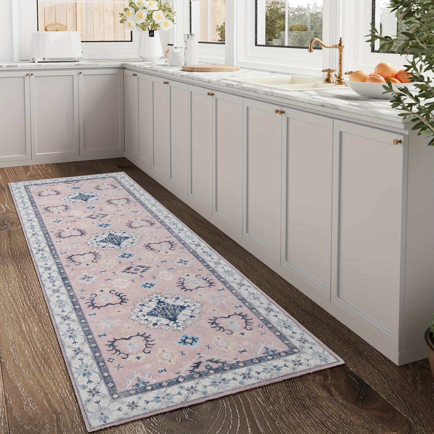 Boho-Chic Vintage Floral Area Rug - Non-Slip, Machine Washable Arabian Carpet, Low-Pile TPR & Polyester Blend, Perfect for Kitchen, Living Room, Bedroom, Dining Room