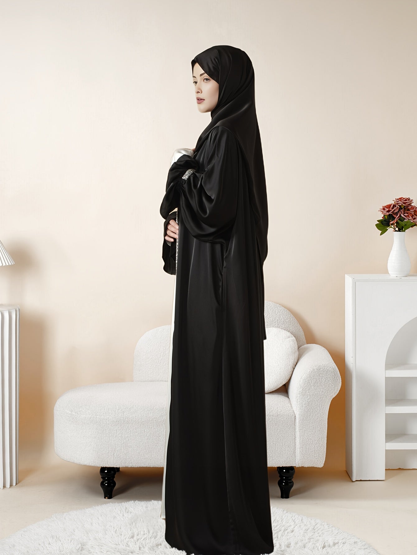 4pcs Set: Poet Sleeve Satin Abaya Eid al-Adha Abaya Muslim Women's Ramadan, Eid al-Fitr, Eid al-Adha, Mawlid, Prayer dress gown robe outfit long robe outfit comfortable soft breathable