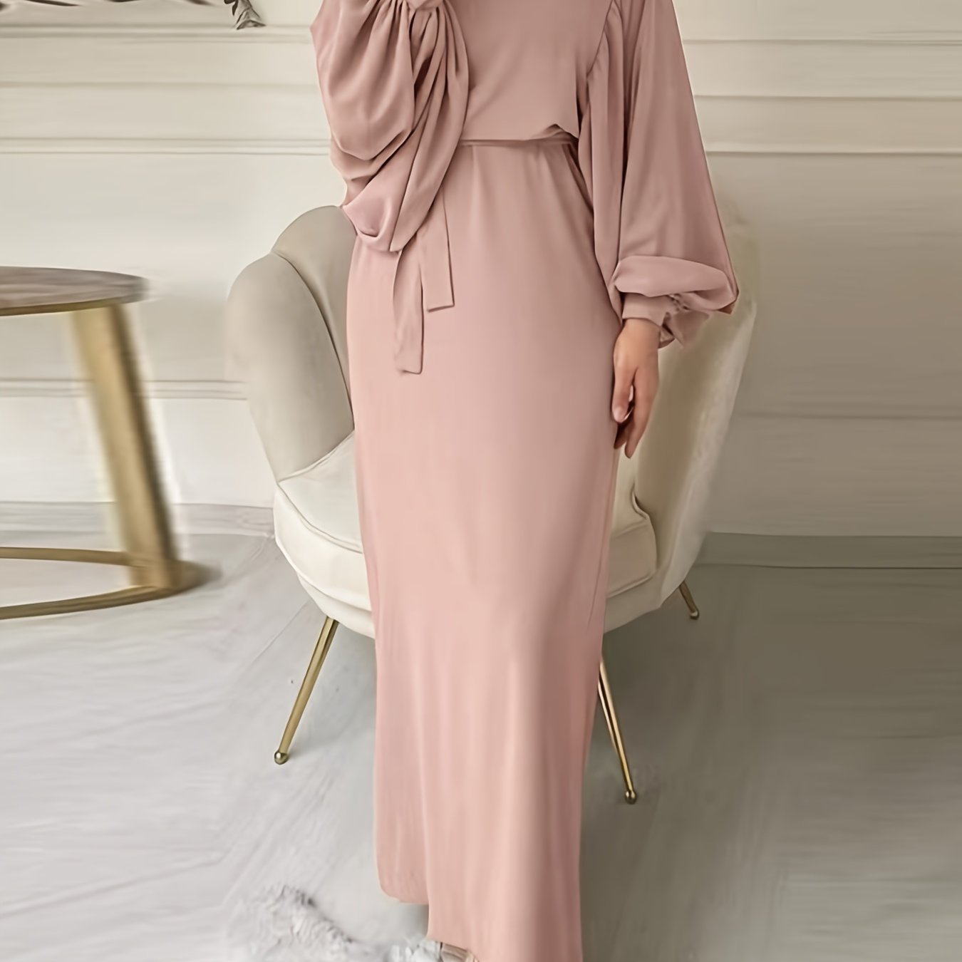 Women's Solid Color Arabic Abaya Dress with Belt - Modern Arabic Style Long Dress, Round Neck Lantern Sleeves, Adjustable Waist Tie, All-Season Casual & Vacation Dress for Women