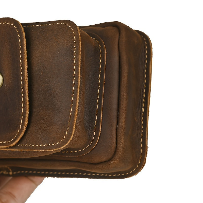 Men's Retro Genuine Leather Belt Bag - Anti-Theft Lightweight Belt Clip with Multiple Zippered Compartments for Phone & Essentials