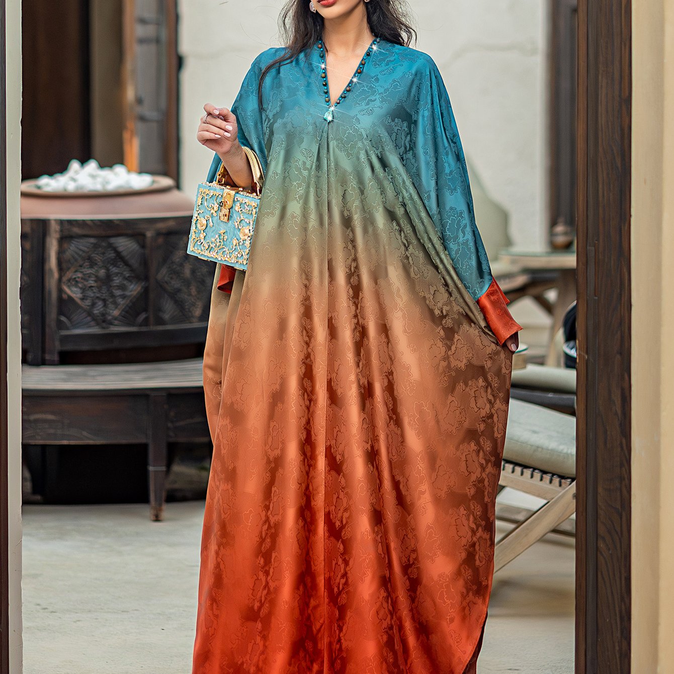 Elegant Gradient Abaya Dress with Butterfly Sleeves & Rhinestone Embellishments - Long Length, Solid Color, Regular Fit for All Seasons, Versatile Fashion | Gradient Abaya | Nonstretch Fabric