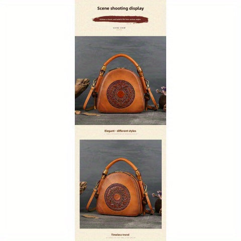 Genuine Leather Women's Crossbody Bag - Retro Chinese-Style Embossed Design, Adjustable Shoulder Strap, Zipper Closure, Top-Grain Cowhide Shell