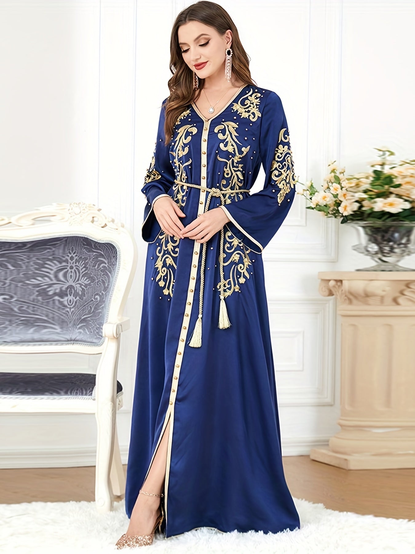 Plants Print V-neck Slit Kaftan Abaya, Long Sleeve Dress, Women's Clothing