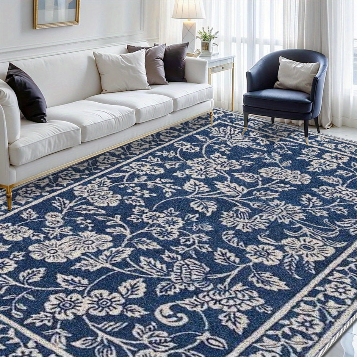 1pc Bohemia Blue and White Floral Patterned Area Rug, Easy to Maintain, Foldable Indoor Printed Floor Mat, Soft and Durable Machine-Washable Carpet, Suitable for Living Room, Bedroom, Dining Room, Hallway, Balcony, Home Decor