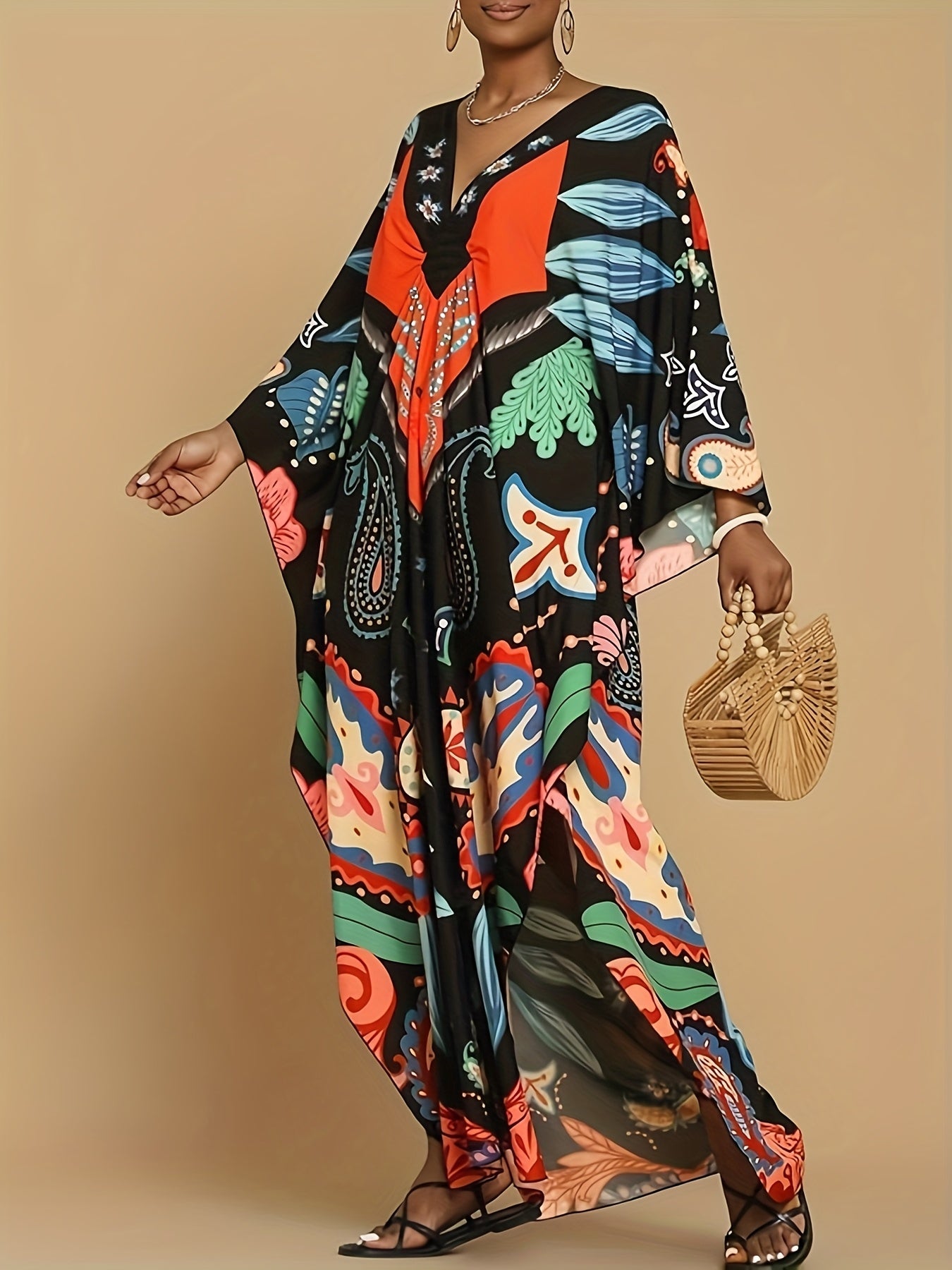 Plus Size Women's Elegant Butterfly Print Abaya Dress - Long Sleeve Loose Fit Turkish Beach Cover Up, Mid-Length H-Line Swimsuit Coverup with Slit Details, Hand Washable for Poolside & Festive Occasions, Bathing Suit Cover