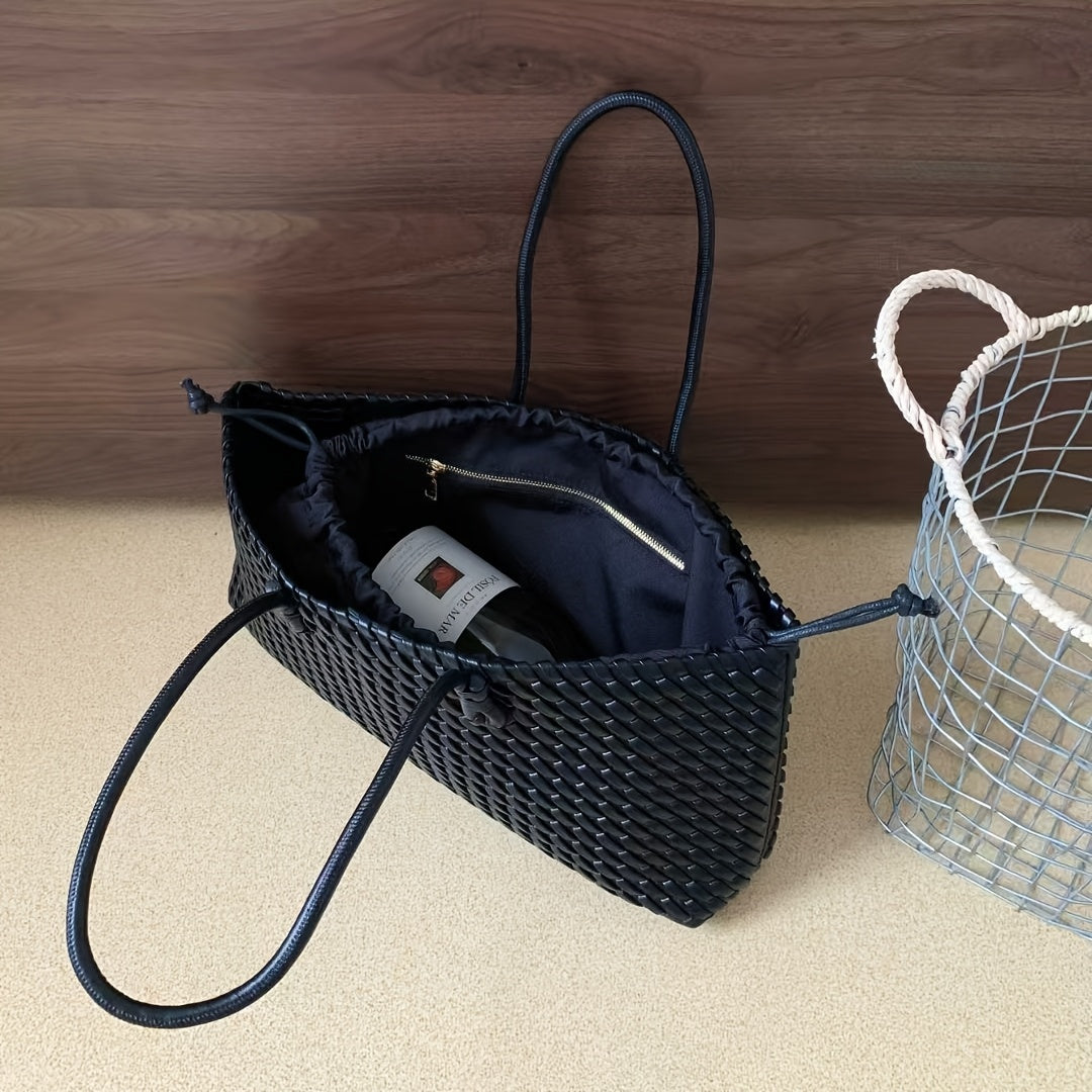 Women's Dual-Sided Woven Large-Capacity Tote Bag - Vegetable Basket Design Handbag with Top Handles & Detachable Shoulder Strap