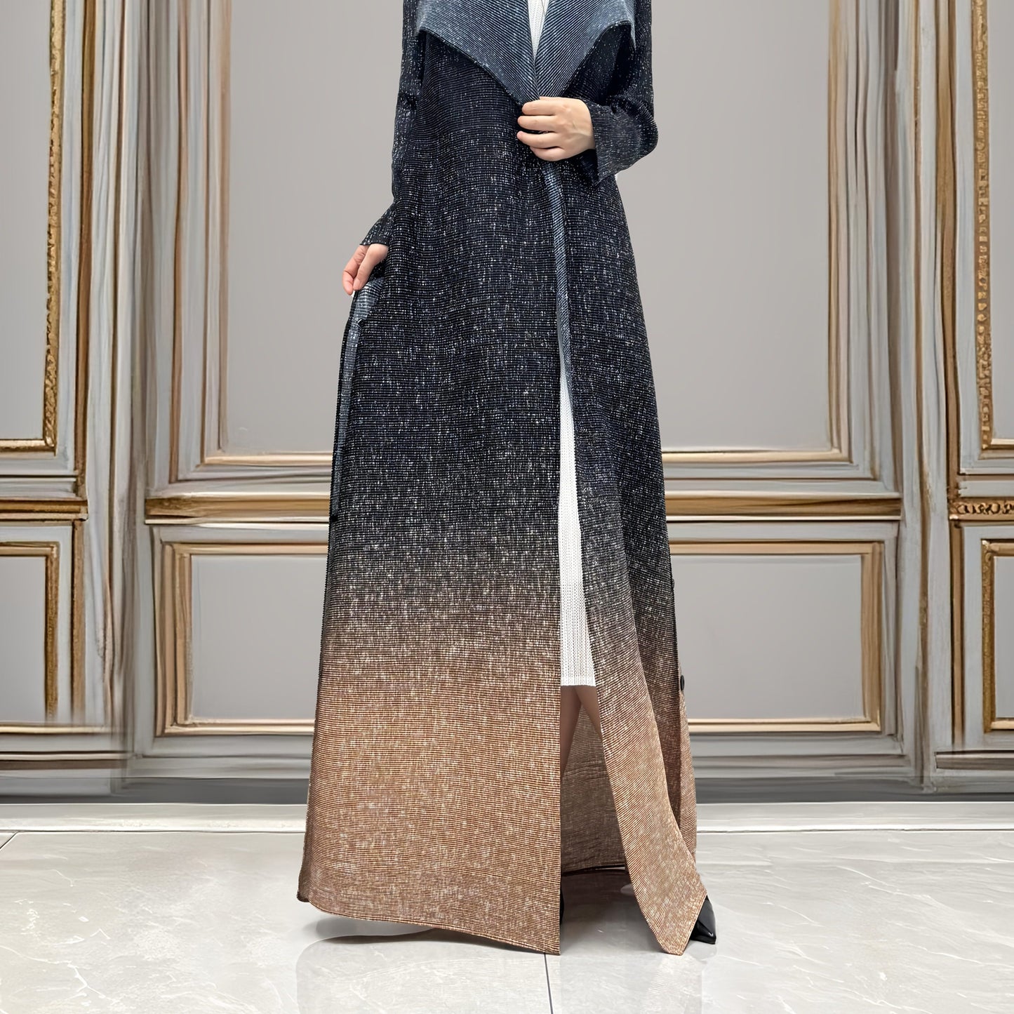 Elegant Black to Brown Ombre Modern Abaya Robe - High Elasticity Breathable Fabric, A-Line Pleated Design with Lapel & Button Details, Machine Washable for Business Banquets, Art Salons