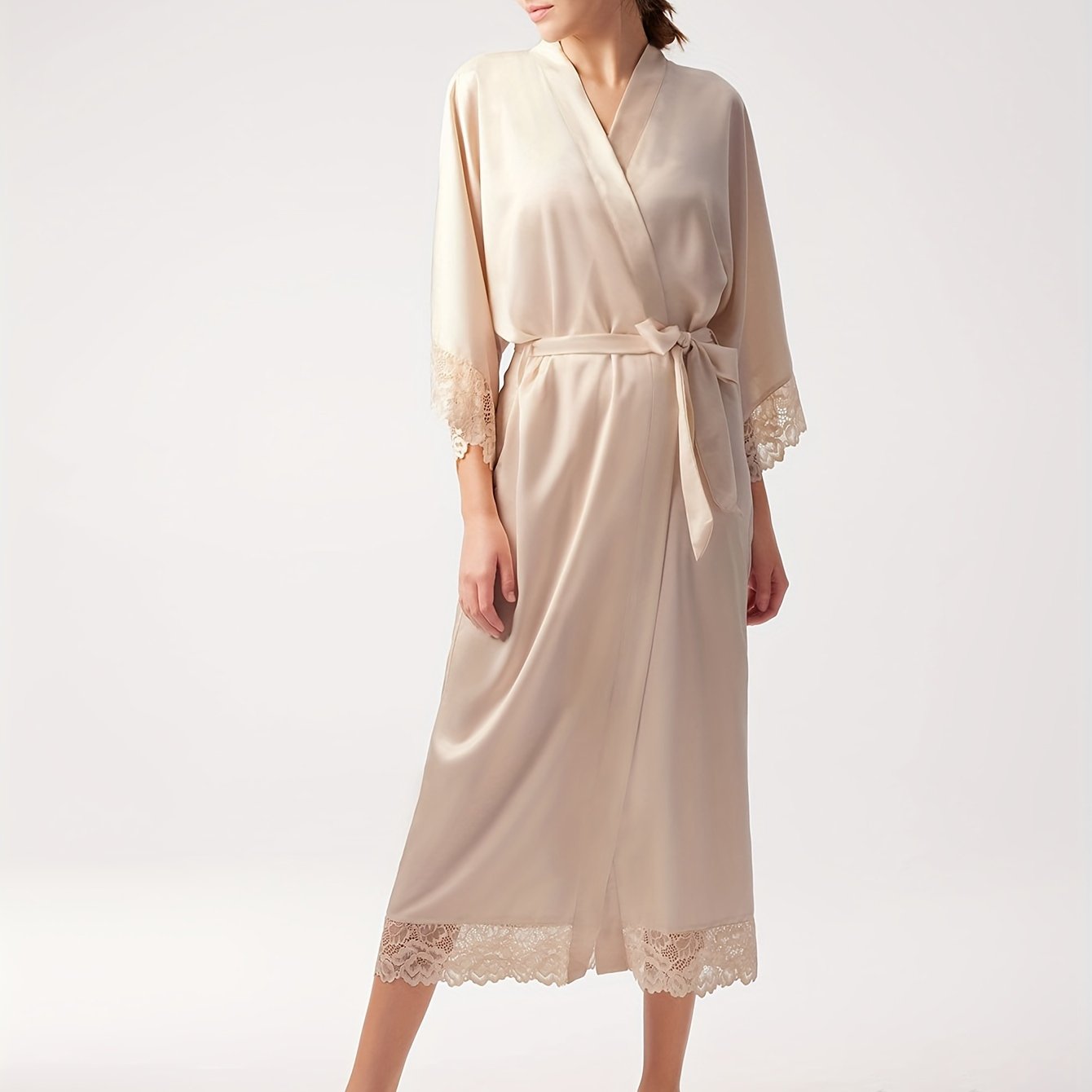 Satin Kimono Robe Long Bridesmaid Wedding Bath Robe With Lace Trim
