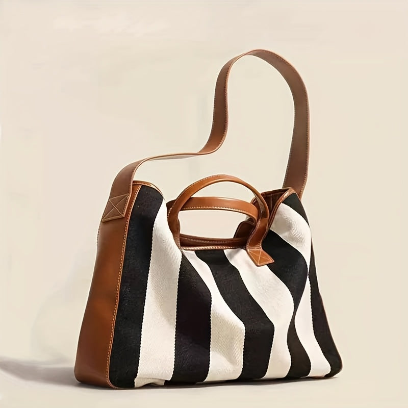 Genuine Leather & Large Capacity Striped Tote Bag for Women - 15-inch Laptop Compartment, Magnetic Closure