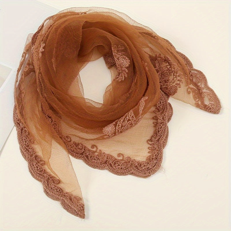 Thin Gauze Paisley Embroidery Elegant Square Scarf | Casual Rusty Brown Head Wrap