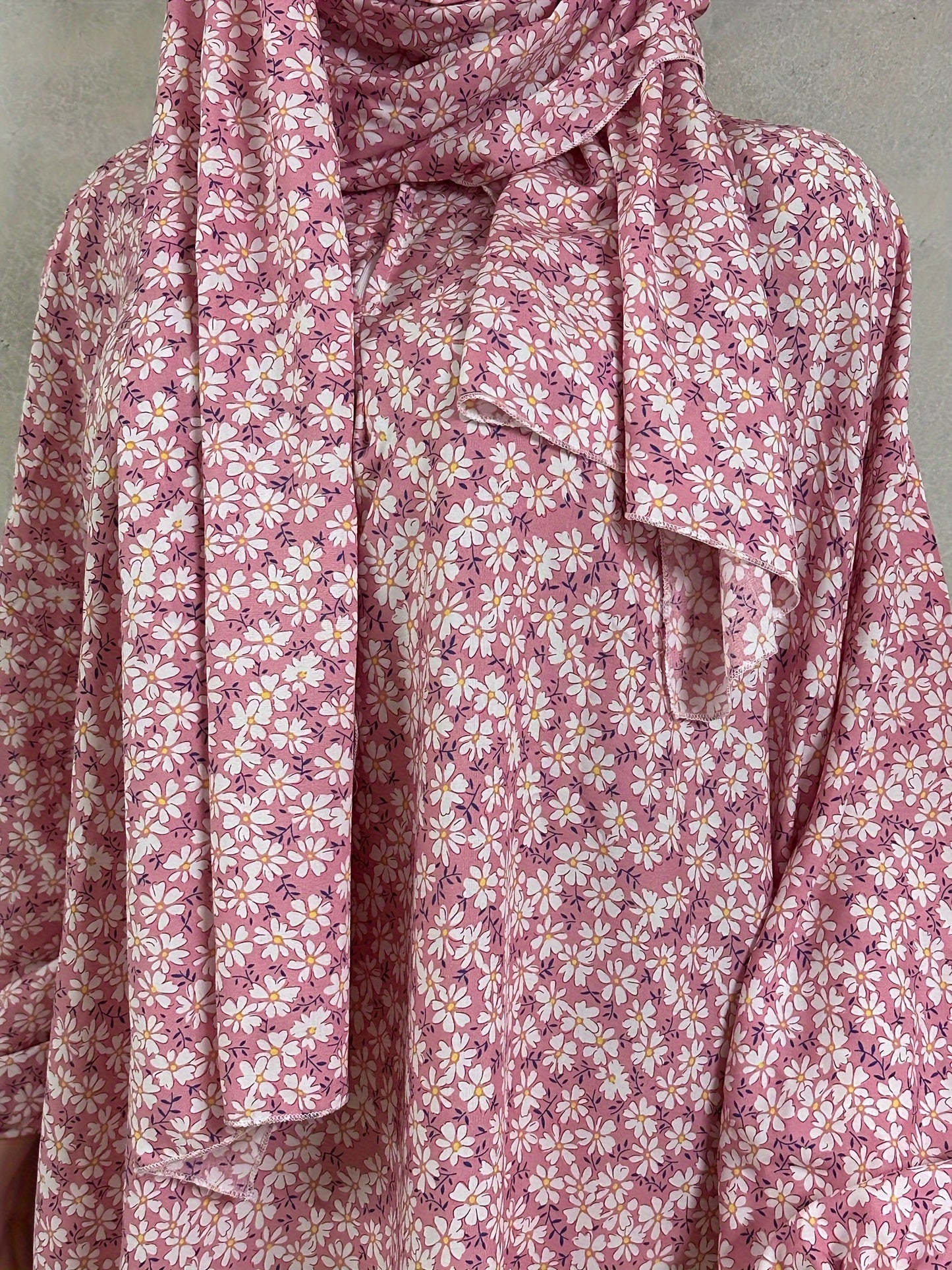 Elegant Floral Print Women's Prayer Modest Dress with Hijab Scarf - Long Sleeve Jibab Abaya, Maxi Length, Rayon Material, Pink & White Patterned Design, All-Season Wear, Religious Attire | Middle Eastern Fashion | Smooth Texture